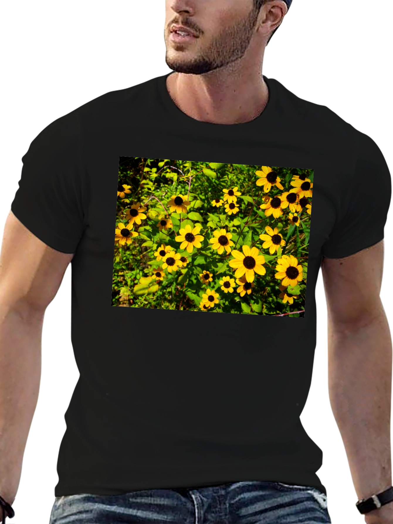 Floral Black T-Shirt - Garden Yellow Flowers