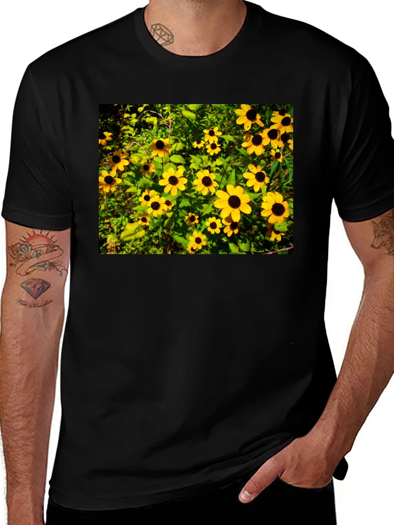 Floral Black T-Shirt - Garden Yellow Flowers