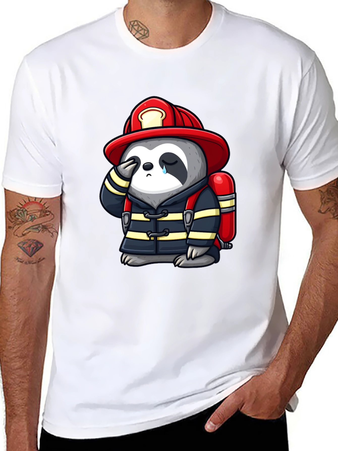 Sad Firefighter Sloth Graphic T-Shirt