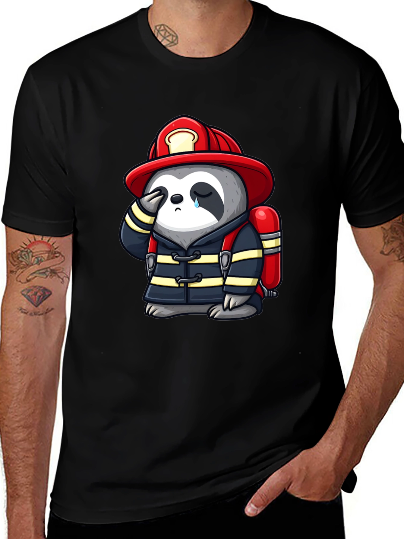 Sad Firefighter Sloth Graphic T-Shirt
