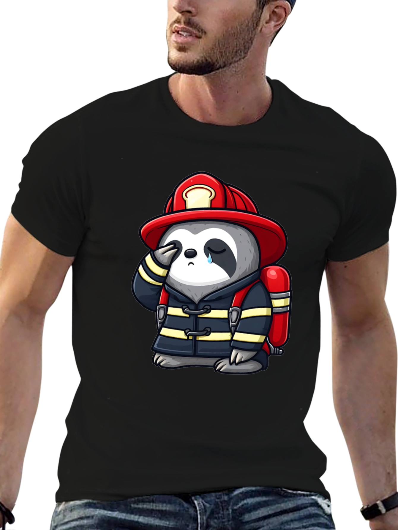 Sad Firefighter Sloth Graphic T-Shirt
