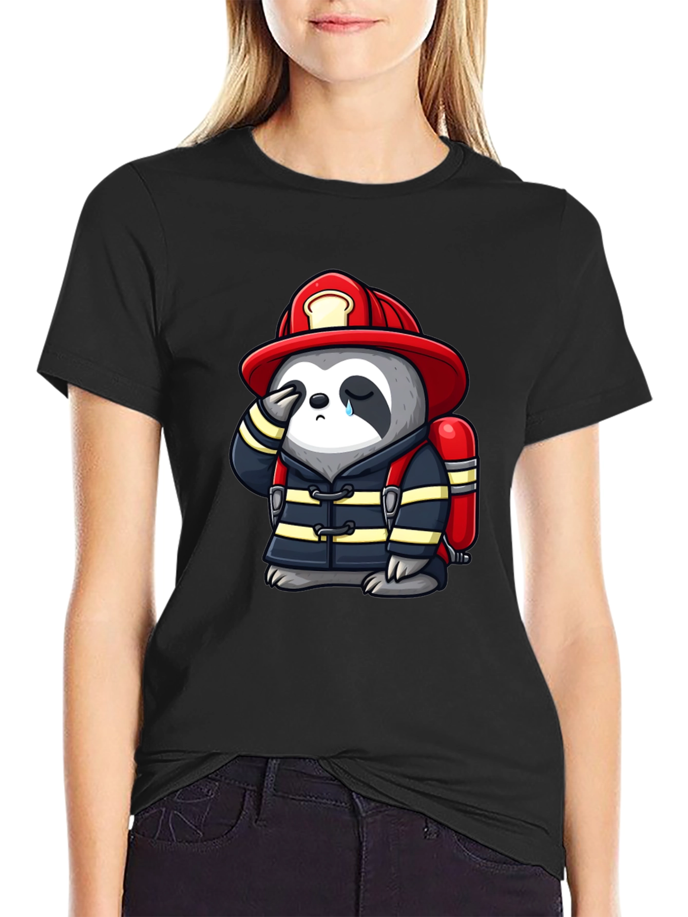 Sad Firefighter Sloth Graphic T-Shirt