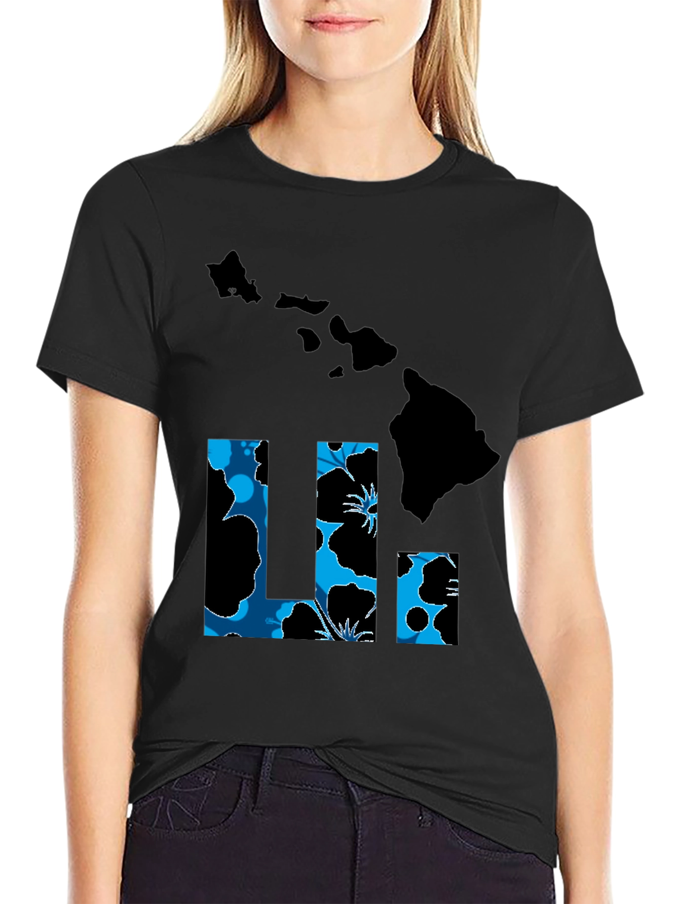 Hawaii Islands T-Shirt Floral LI Design Black Tee