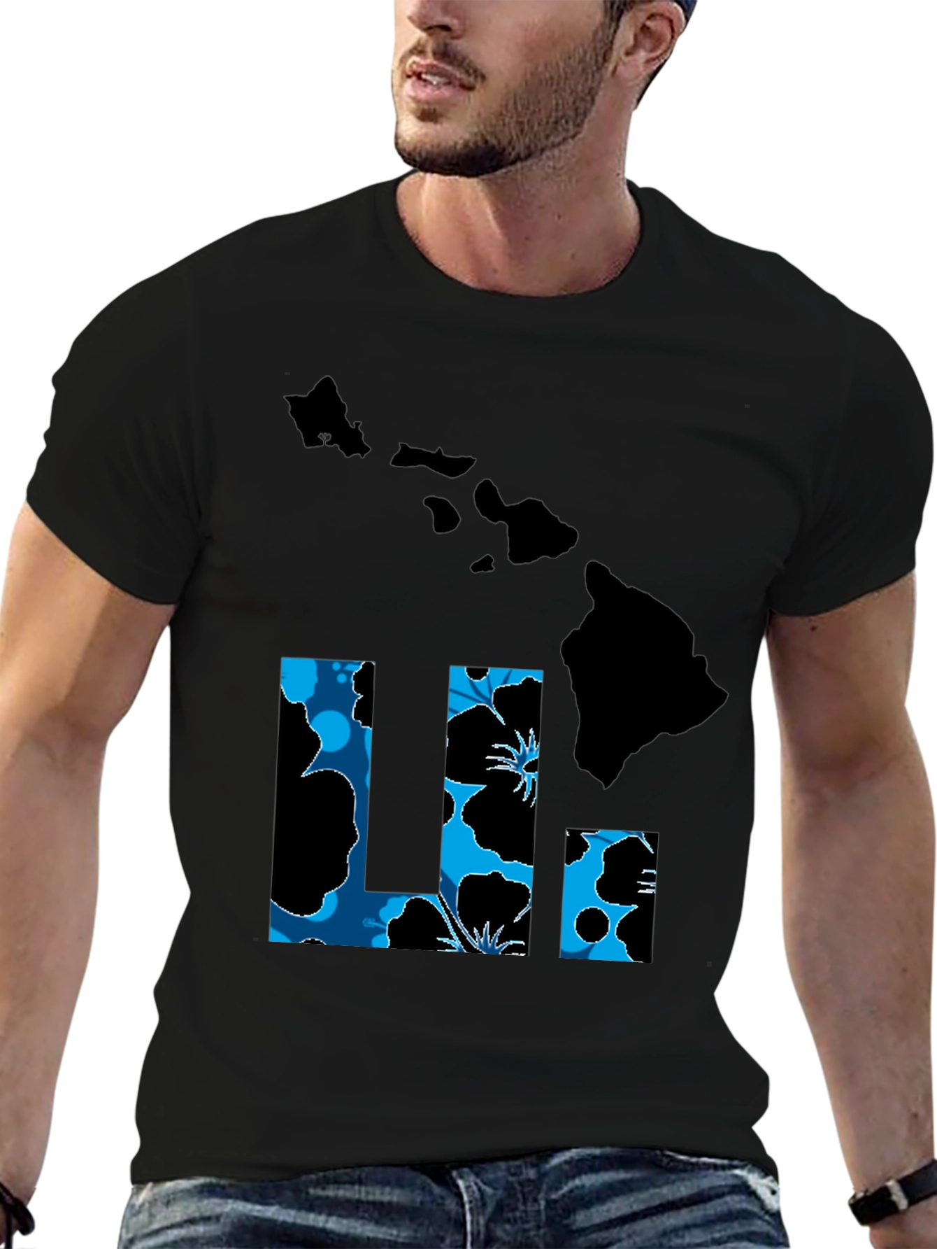 Hawaii Islands T-Shirt Floral LI Design Black Tee