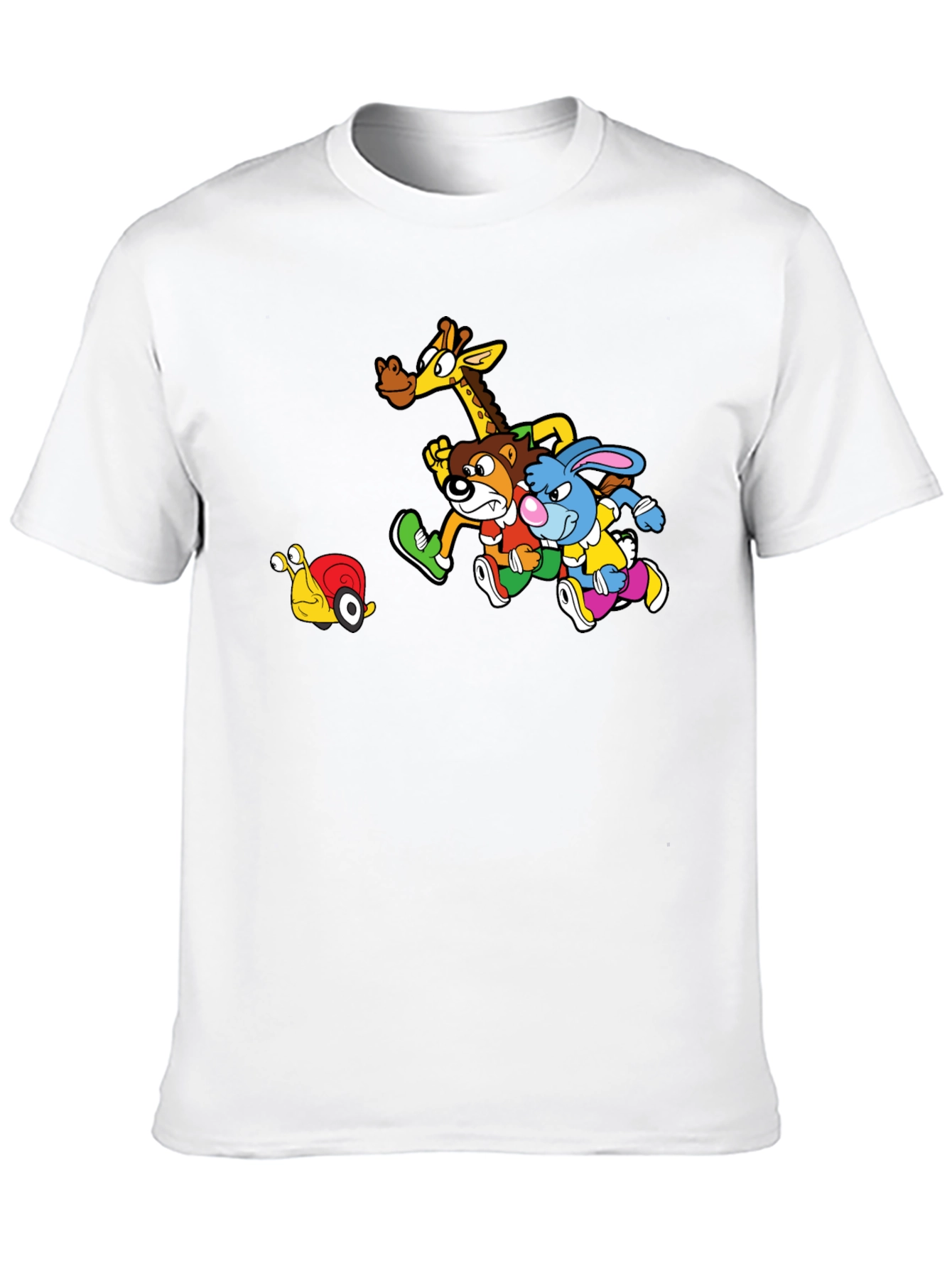 Cartoon Animal Friends Running on Black T-Shirt