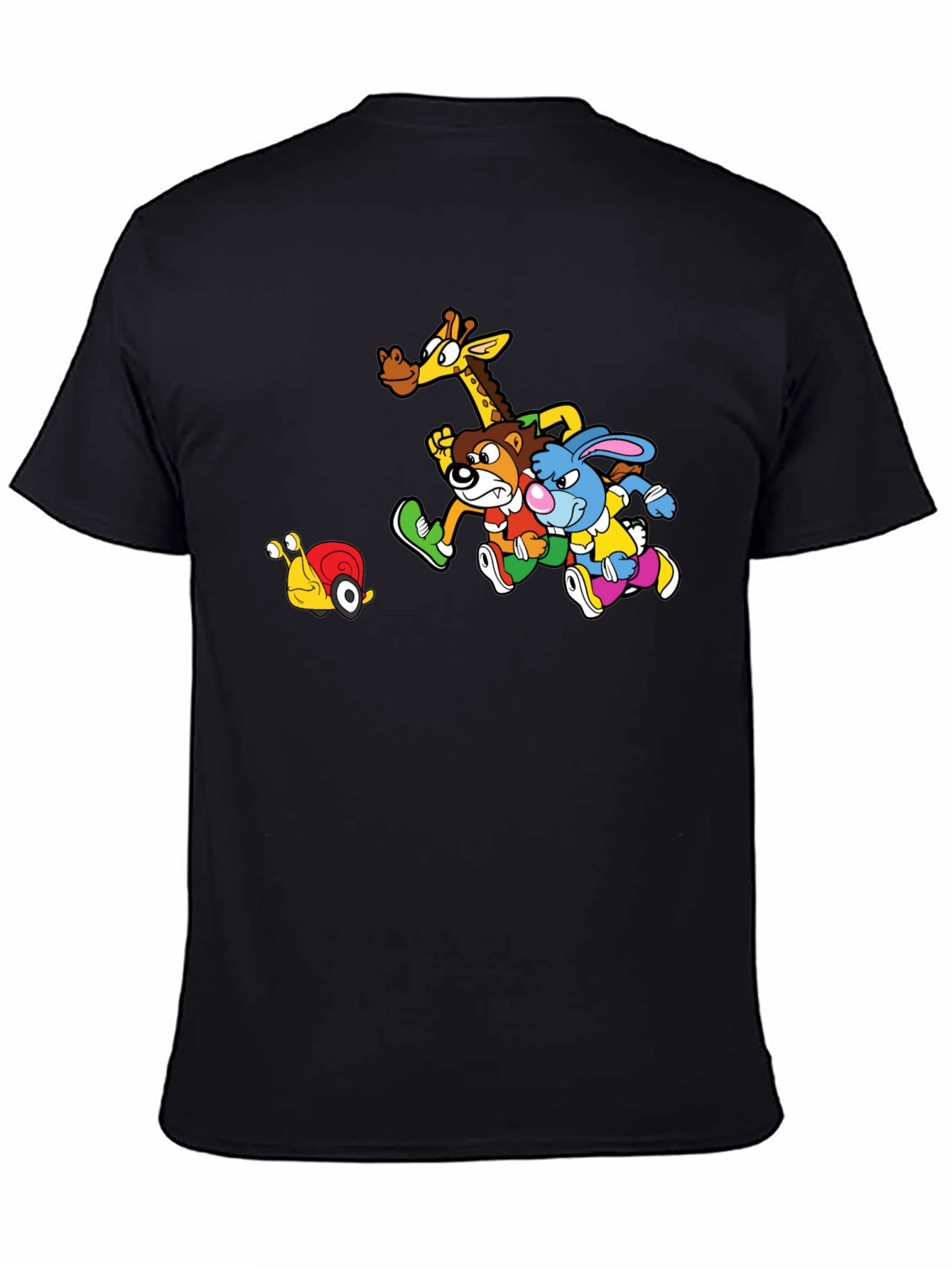 Cartoon Animal Friends Running on Black T-Shirt