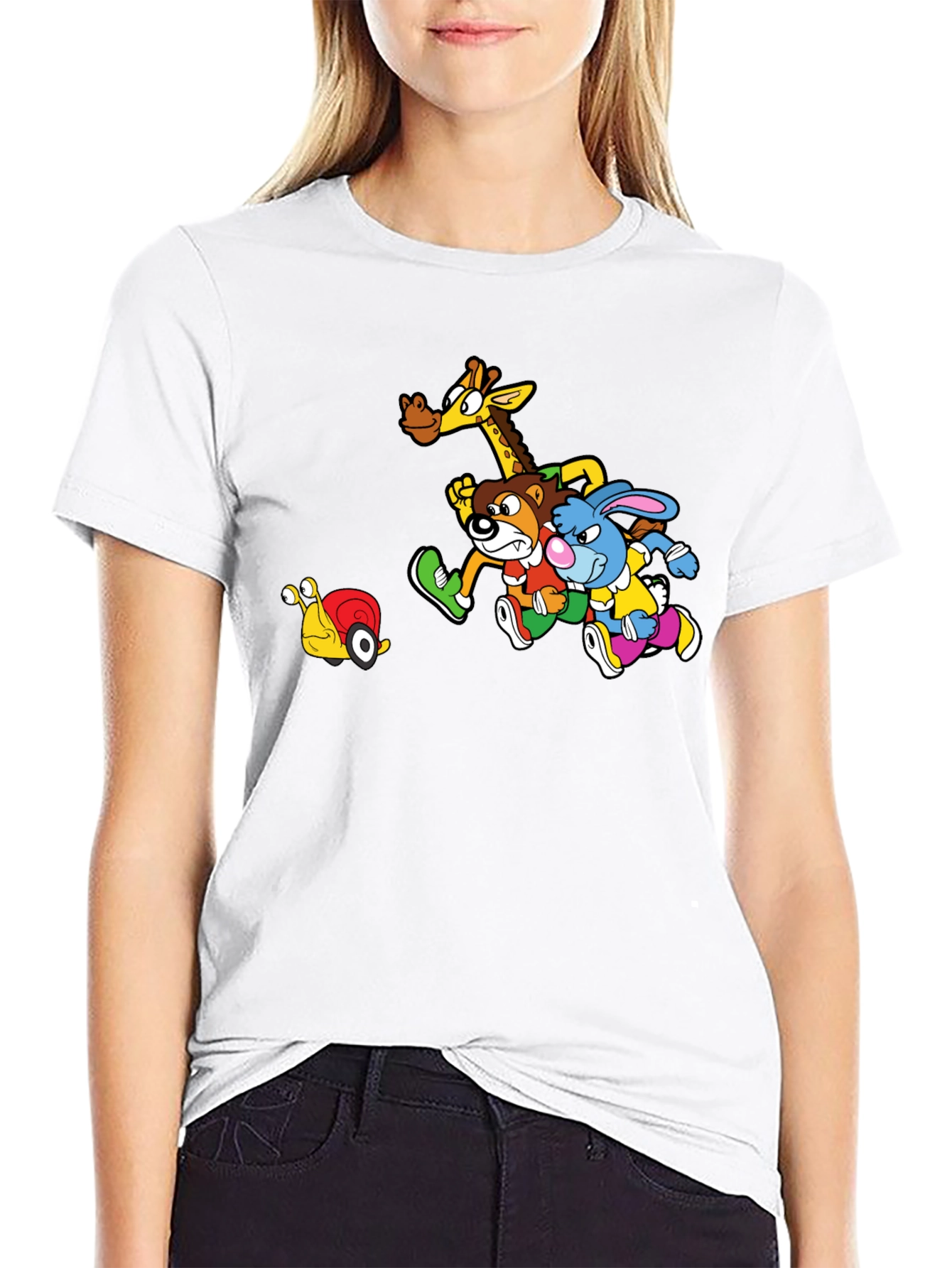 Cartoon Animal Friends Running on Black T-Shirt