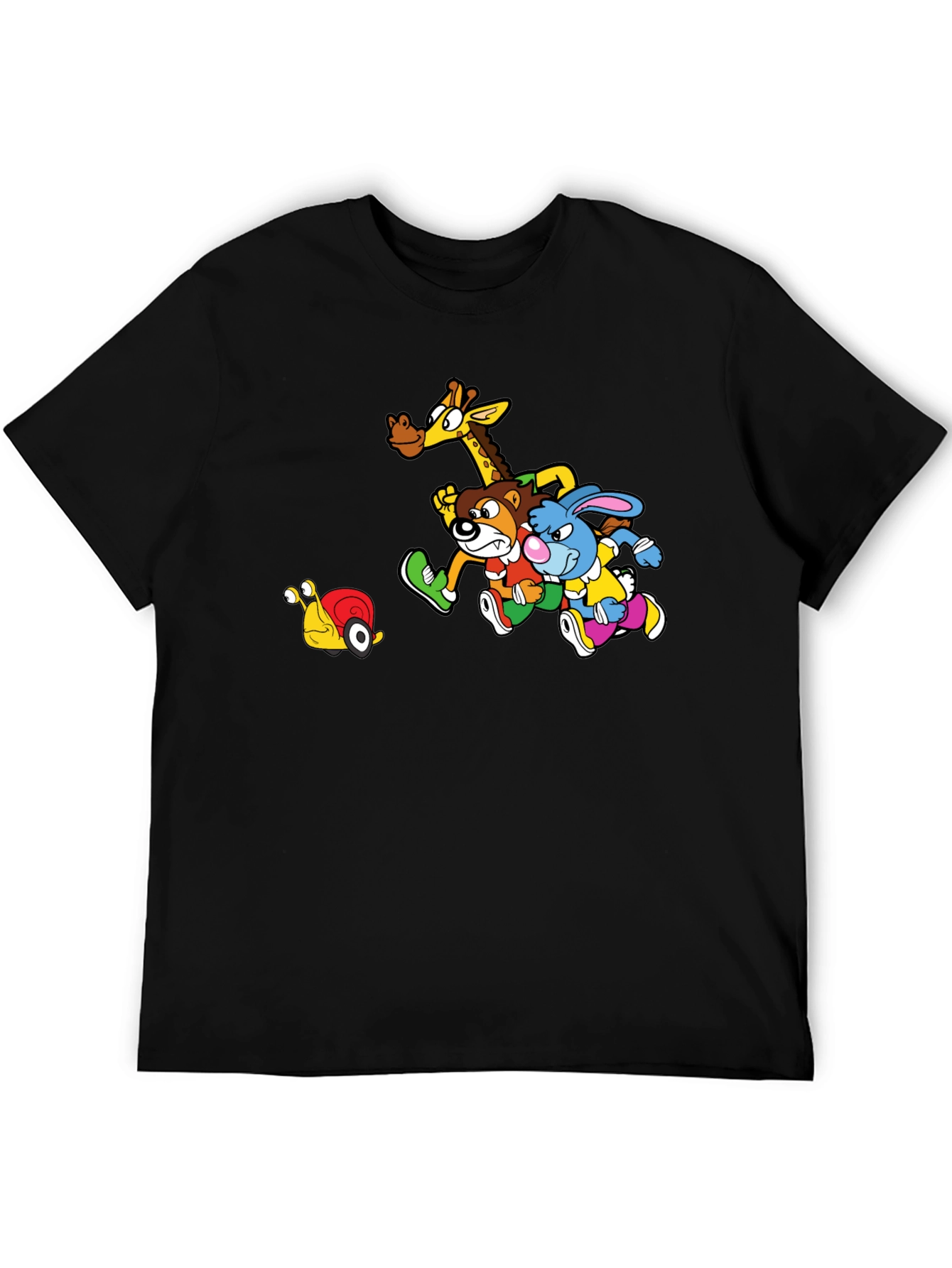 Cartoon Animal Friends Running on Black T-Shirt