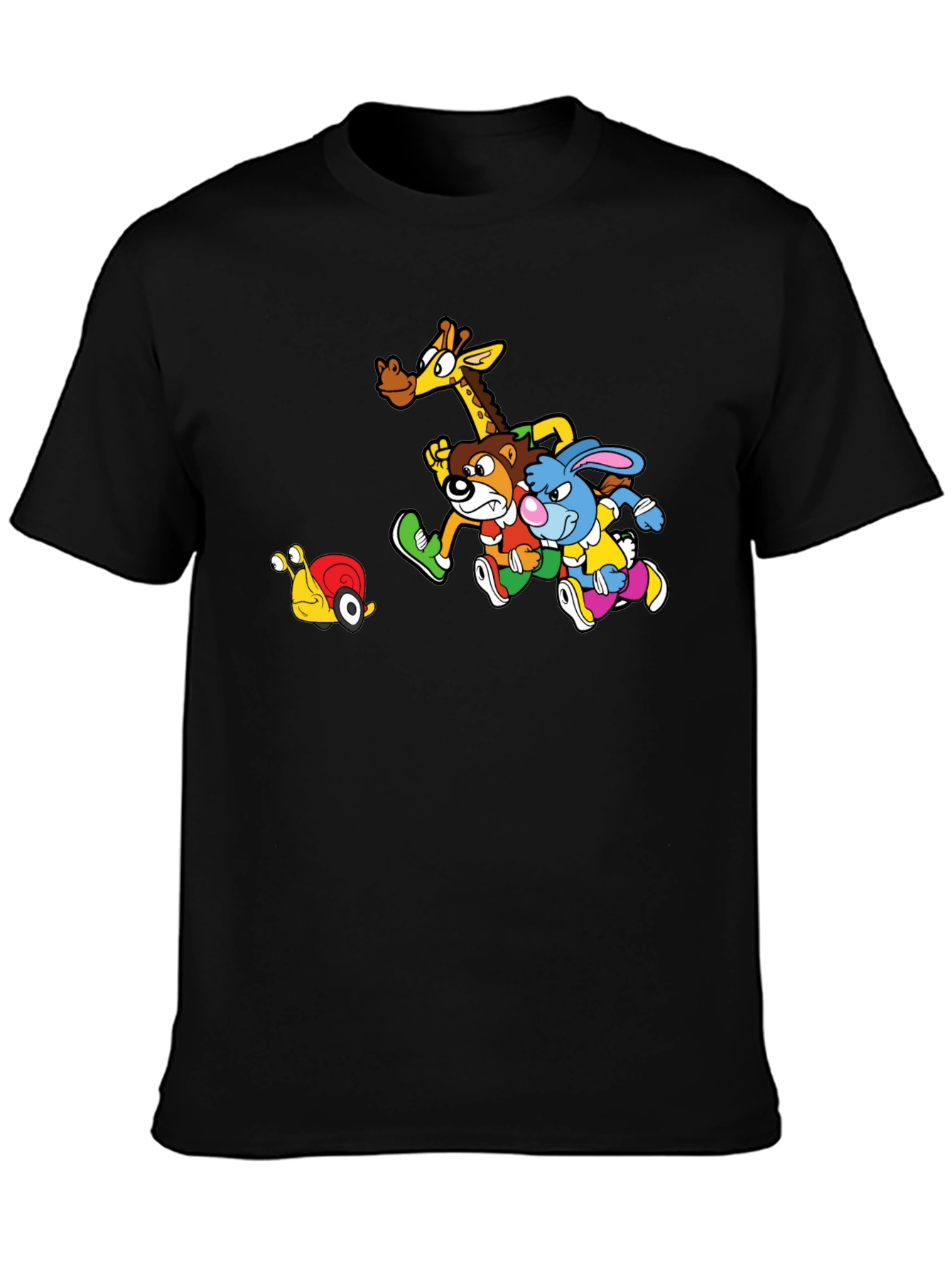 Cartoon Animal Friends Running on Black T-Shirt