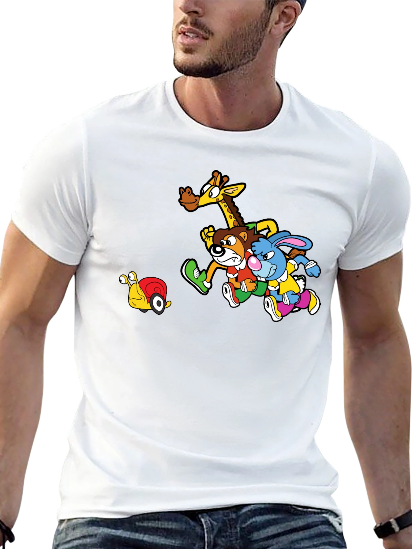 Cartoon Animal Friends Running on Black T-Shirt