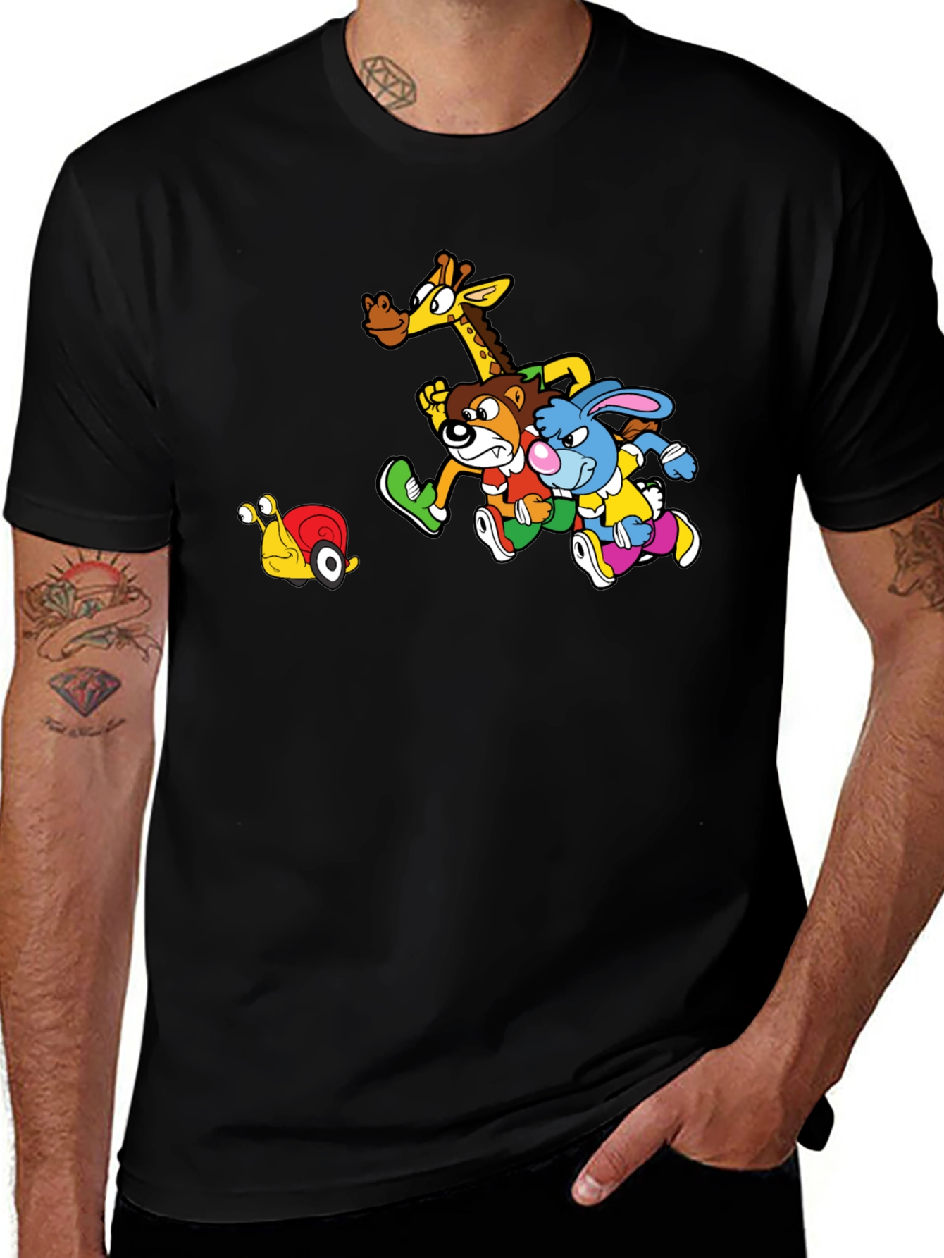 Cartoon Animal Friends Running on Black T-Shirt