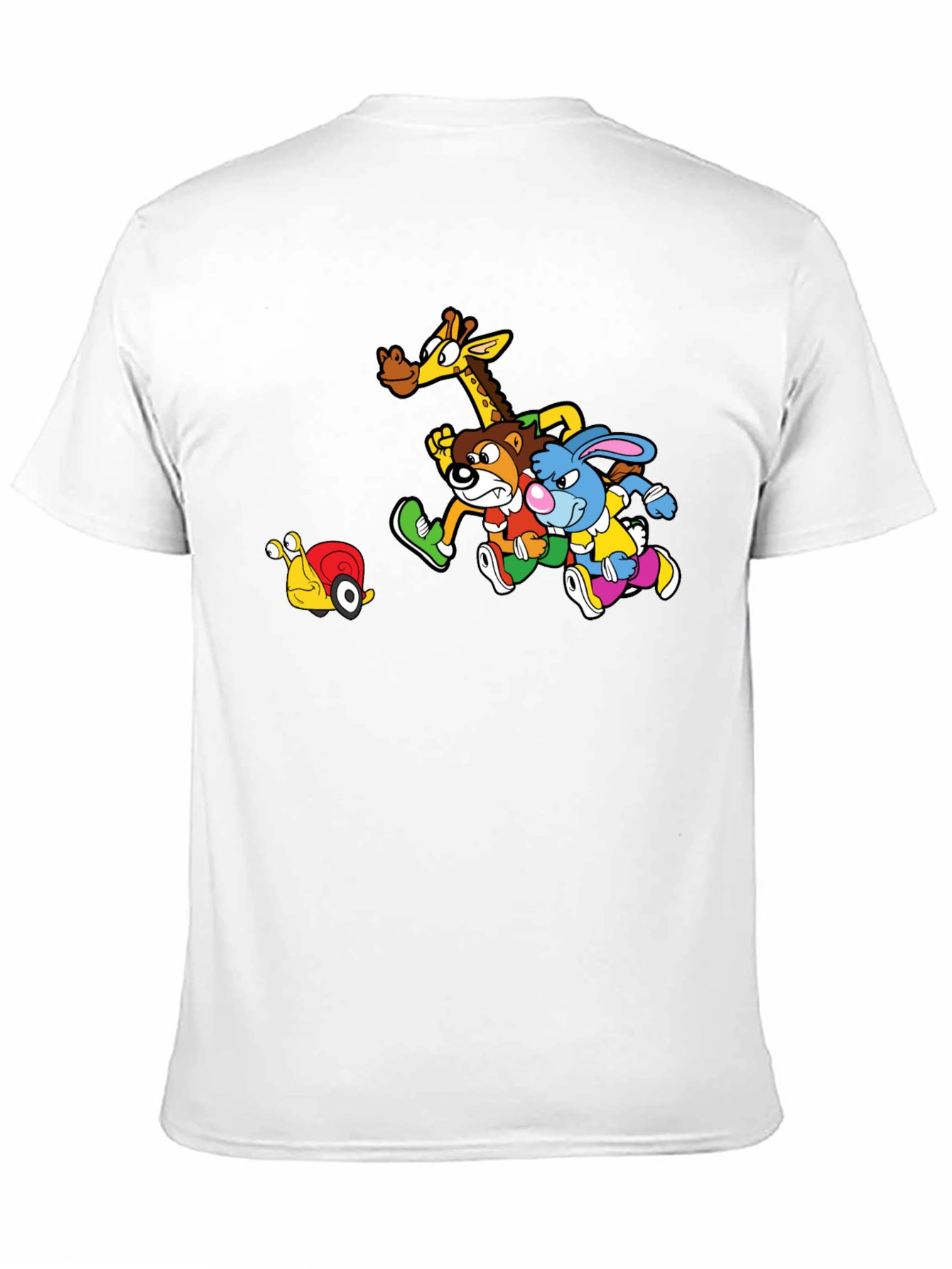 Cartoon Animal Friends Running on Black T-Shirt