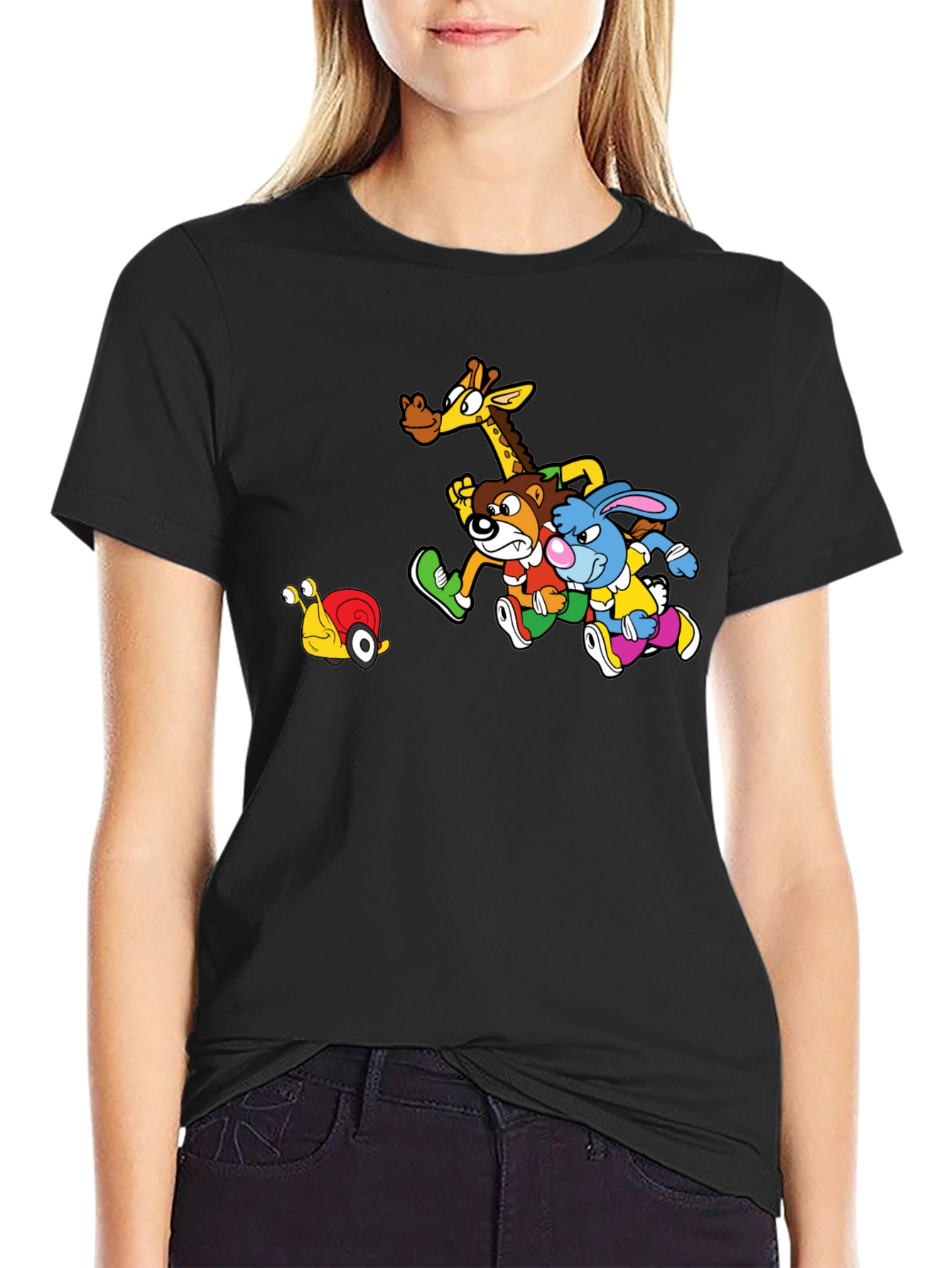 Cartoon Animal Friends Running on Black T-Shirt