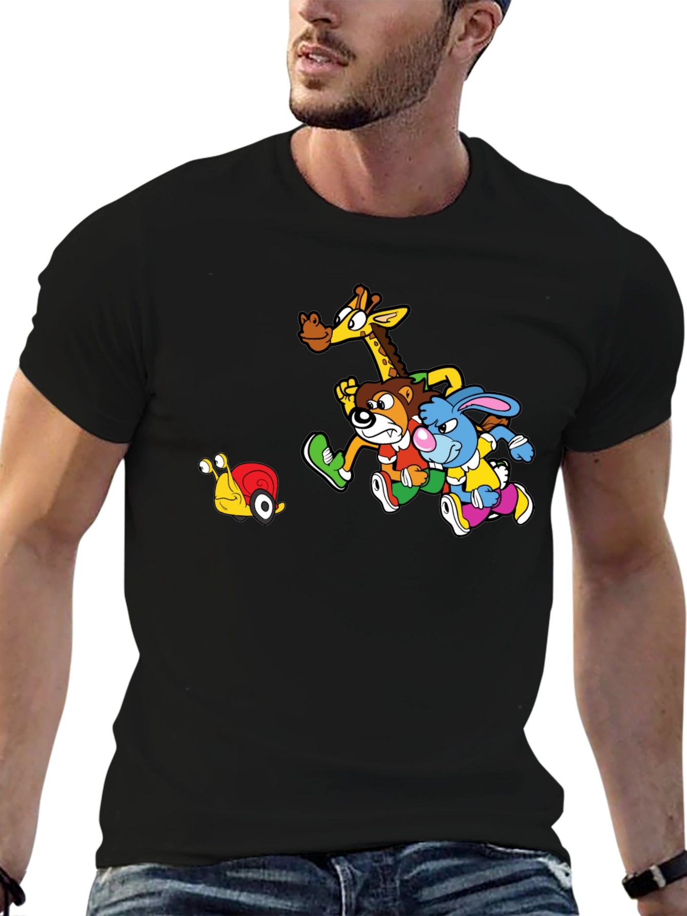 Cartoon Animal Friends Running on Black T-Shirt