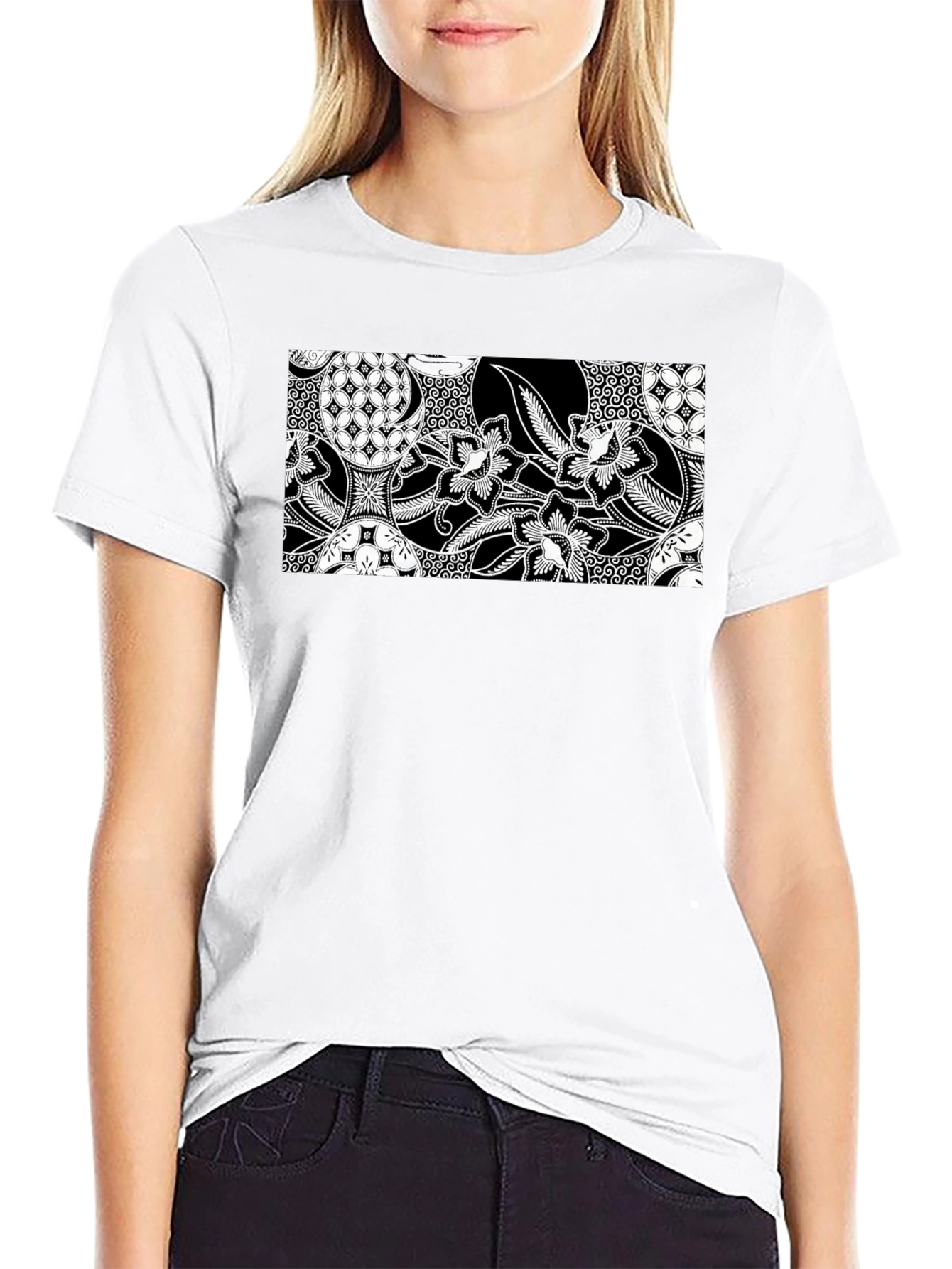 Black T-Shirt with Batik-Inspired Graphic Print