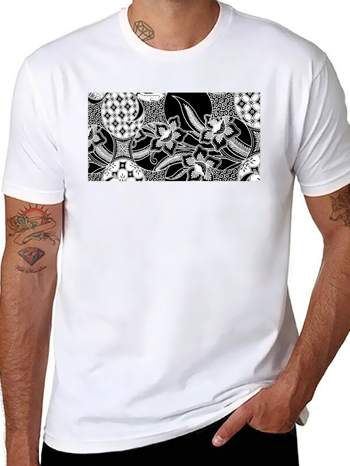 Black T-Shirt with Batik-Inspired Graphic Print