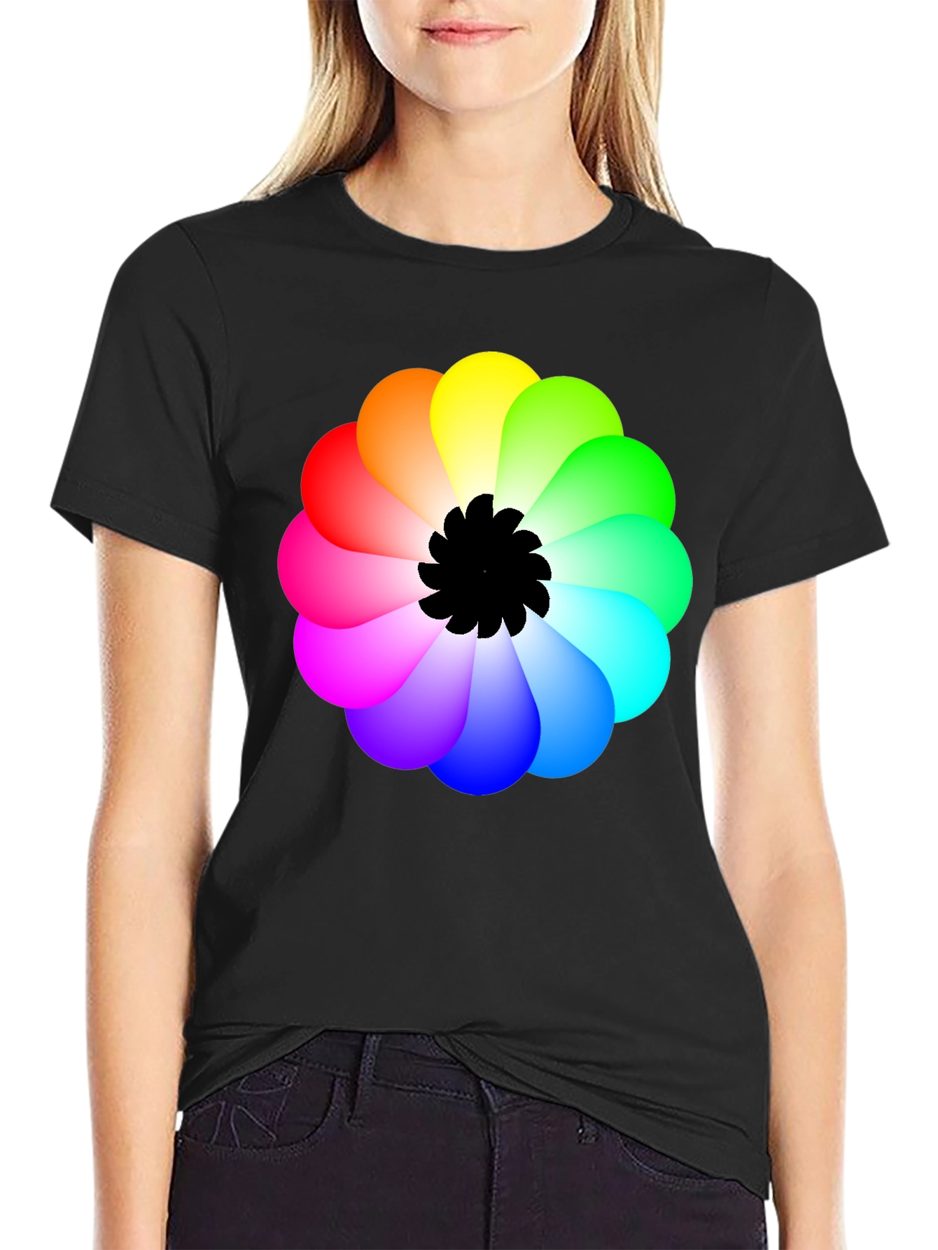 Rainbow Flower Graphic Black T-Shirt