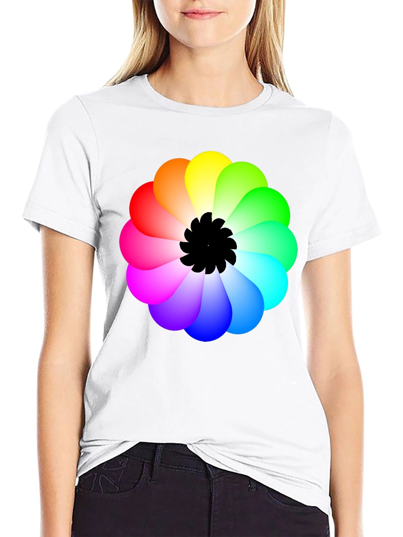 Rainbow Flower Graphic Black T-Shirt