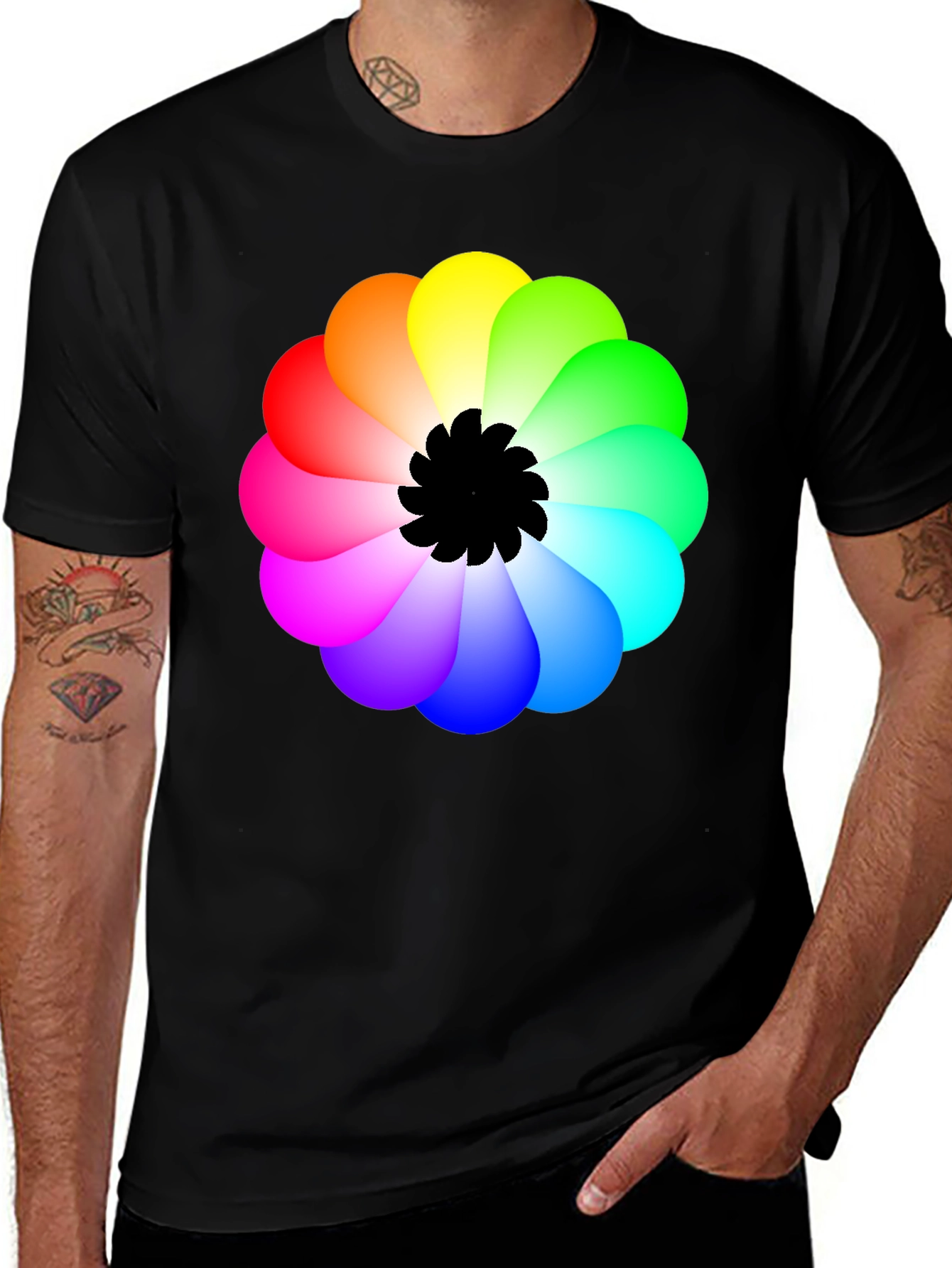 Rainbow Flower Graphic Black T-Shirt