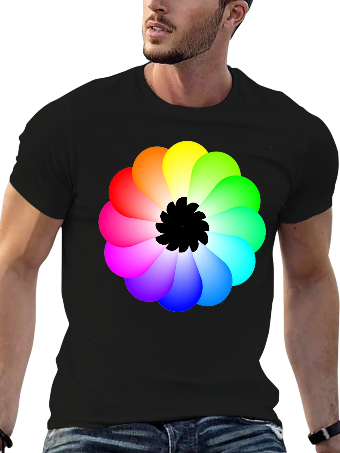 Rainbow Flower Graphic Black T-Shirt