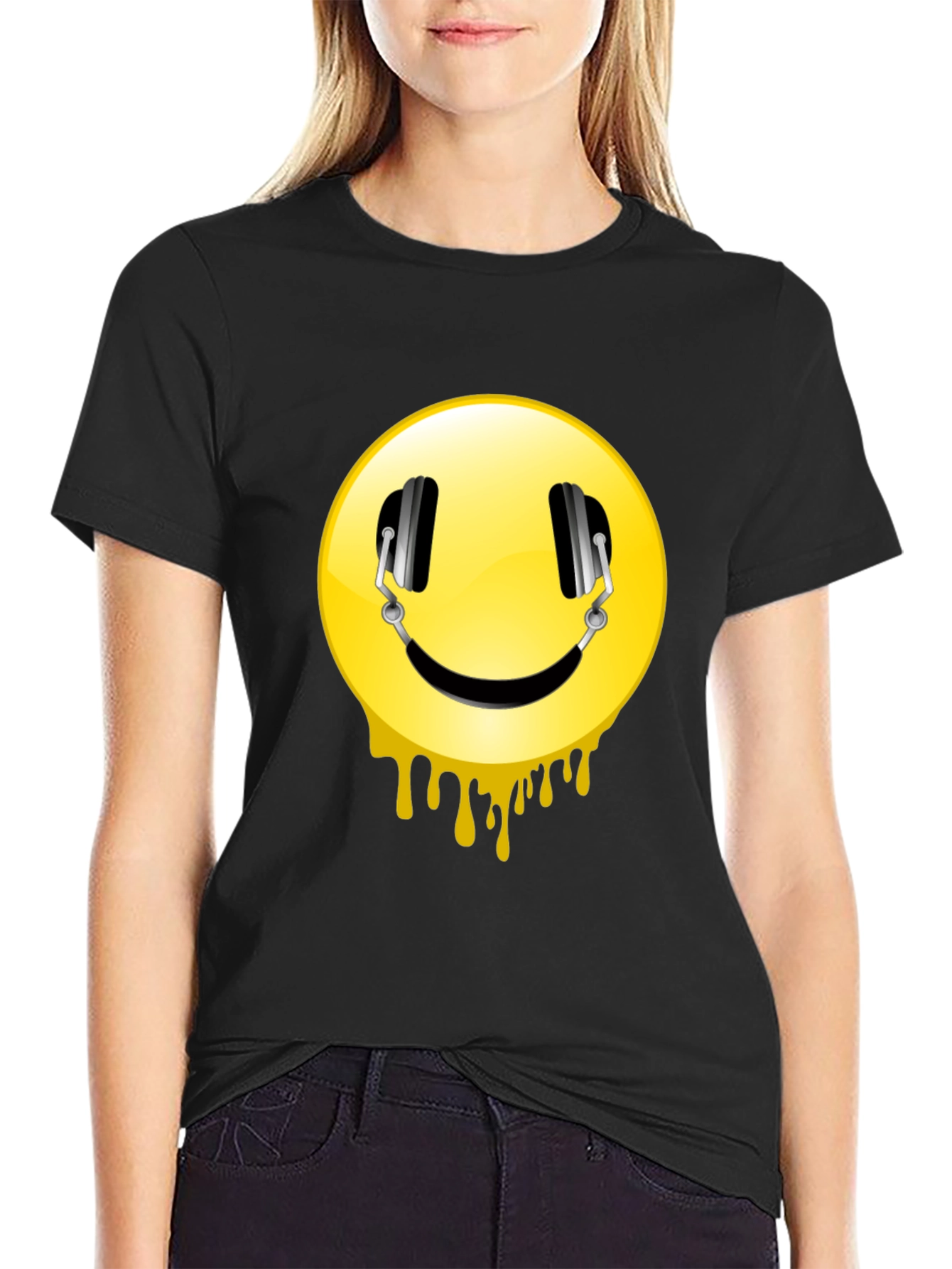 Smiley Face Headphones Graphic Black T-Shirt