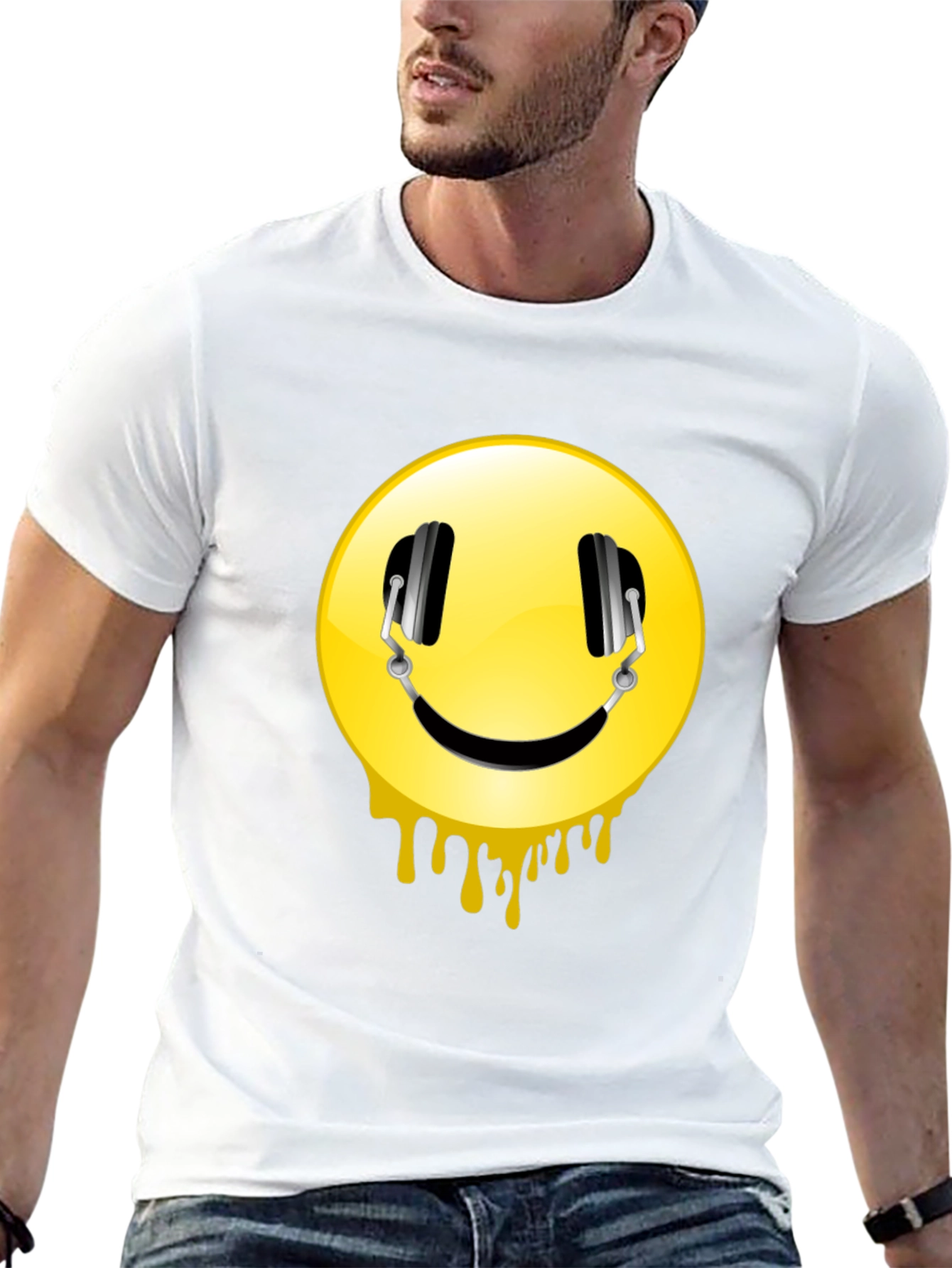 Smiley Face Headphones Graphic Black T-Shirt