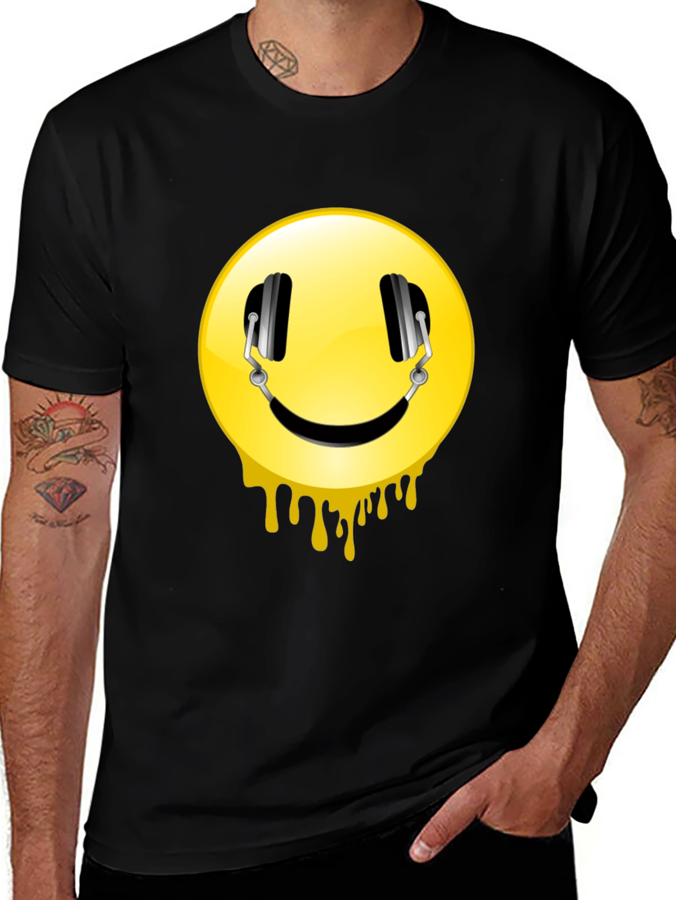 Smiley Face Headphones Graphic Black T-Shirt