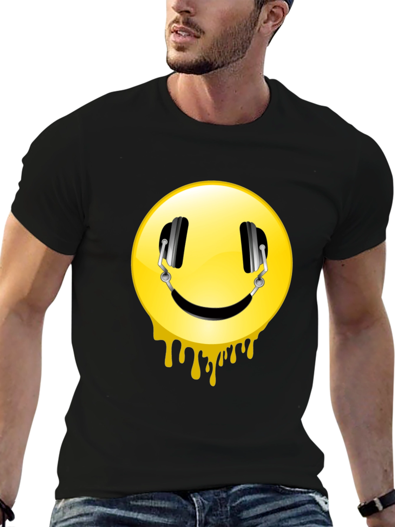 Smiley Face Headphones Graphic Black T-Shirt