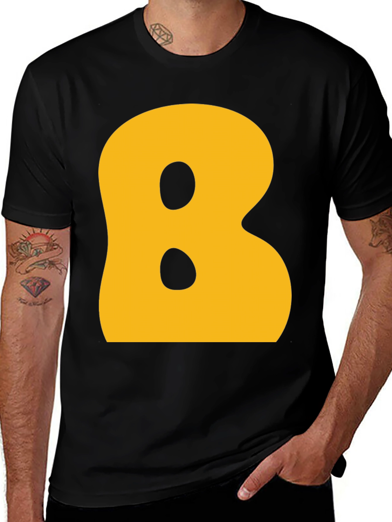 Letter B Graphic T-Shirt - Black Cotton Blend