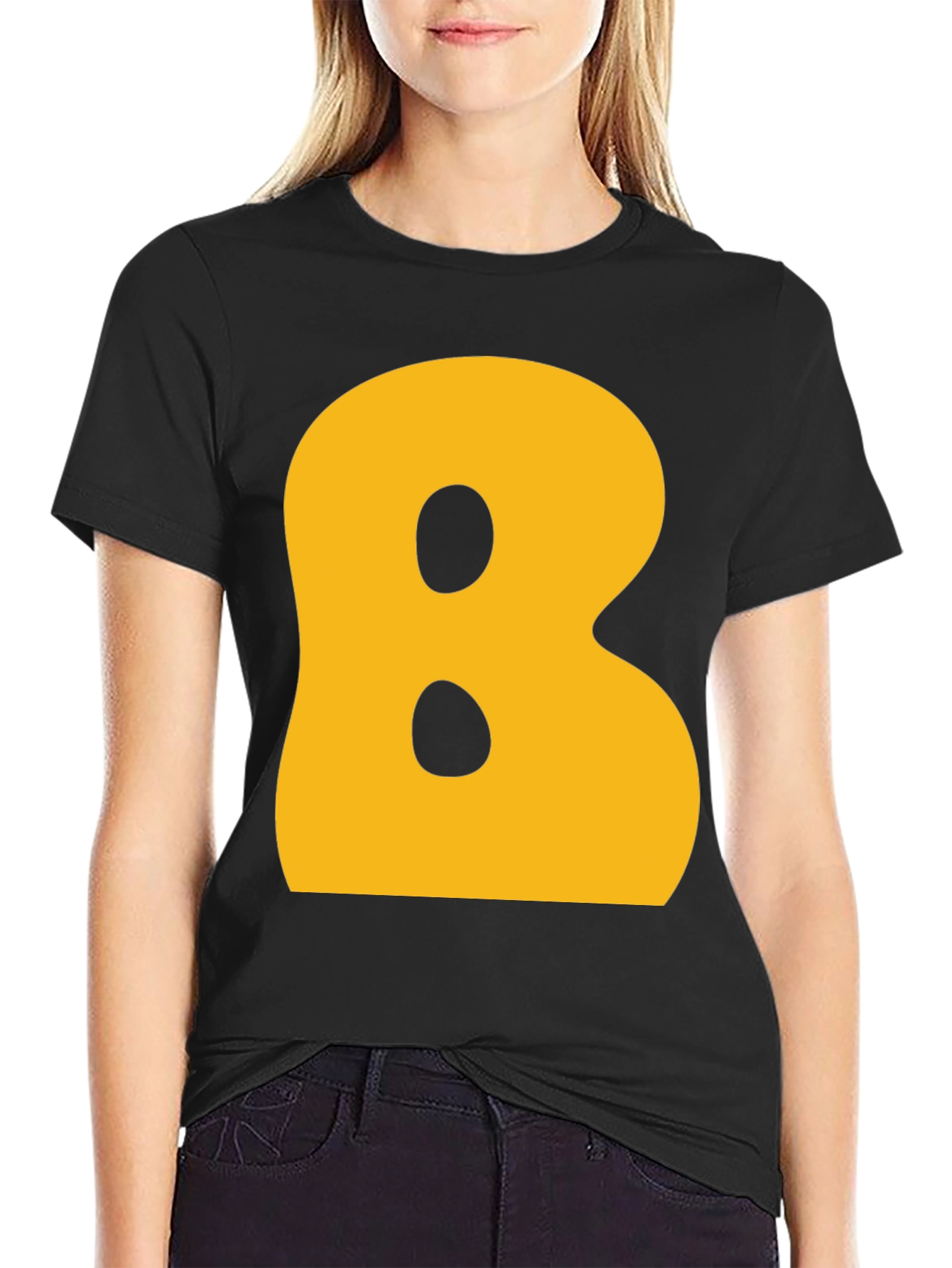 Letter B Graphic T-Shirt - Black Cotton Blend