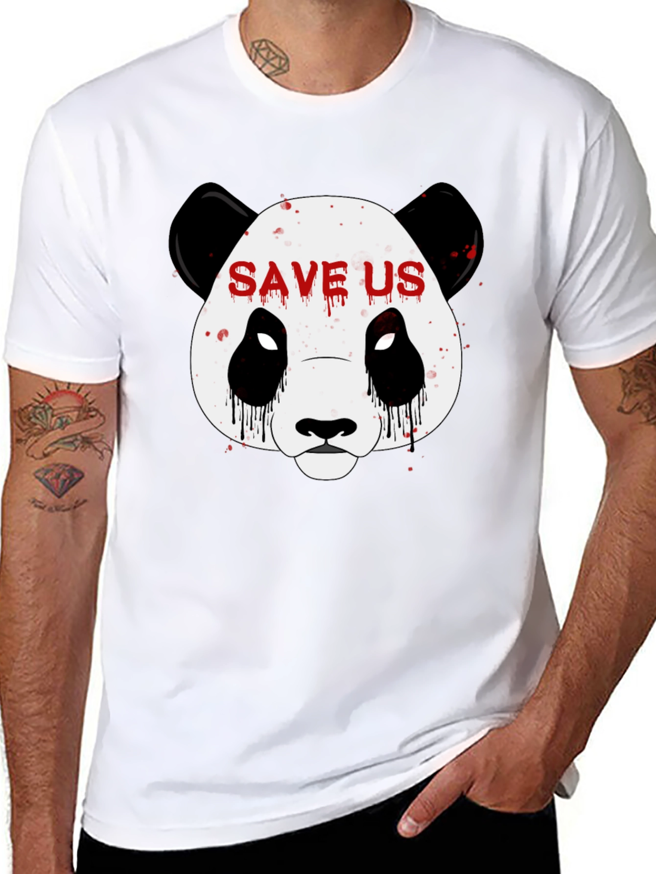 Save Us Panda Graphic Print Black T-Shirt