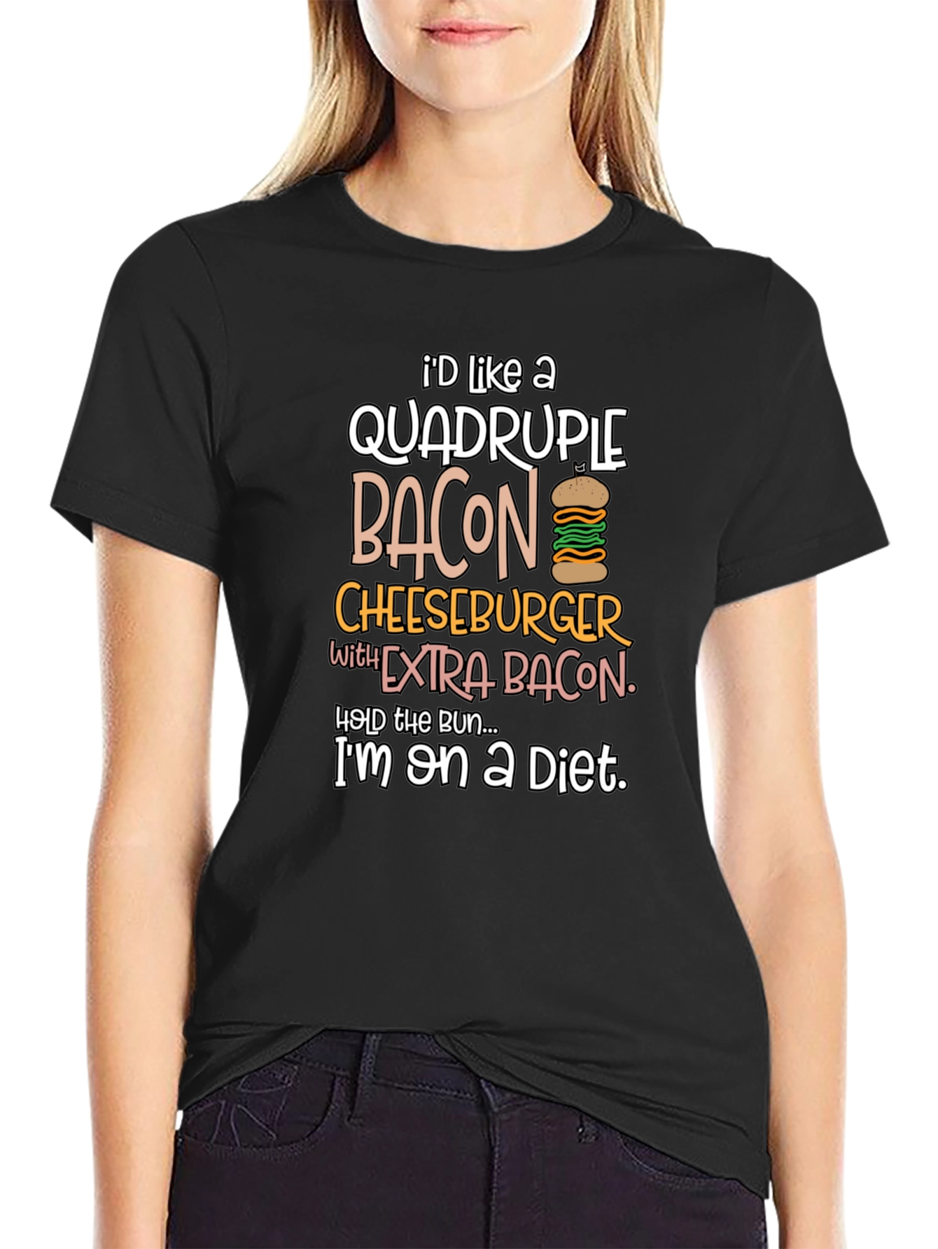 Diet Humor T-Shirt: Quadruple Bacon Cheeseburger