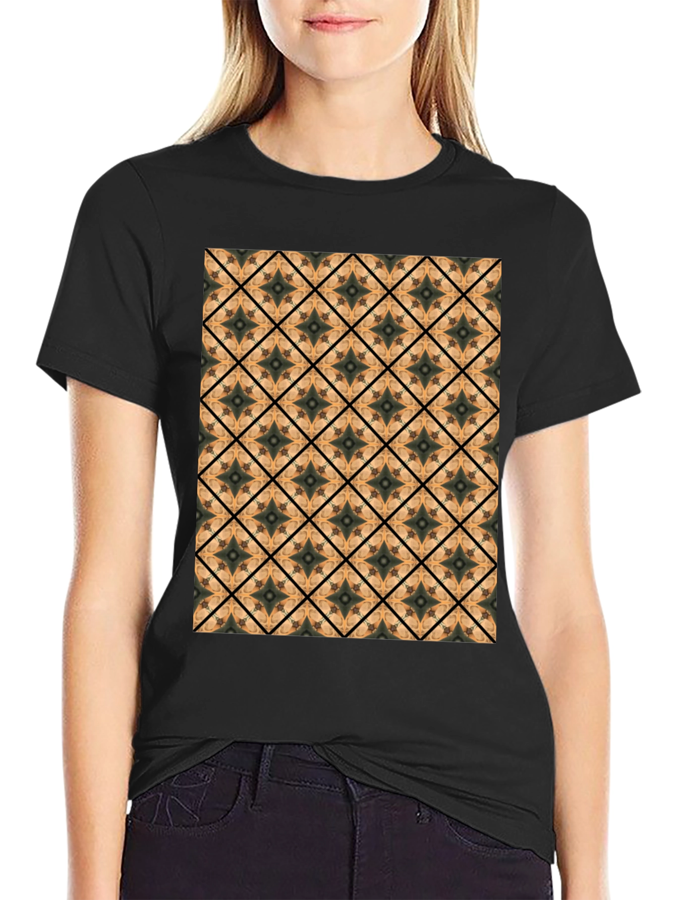 Geometric Tile Pattern Black T-Shirt