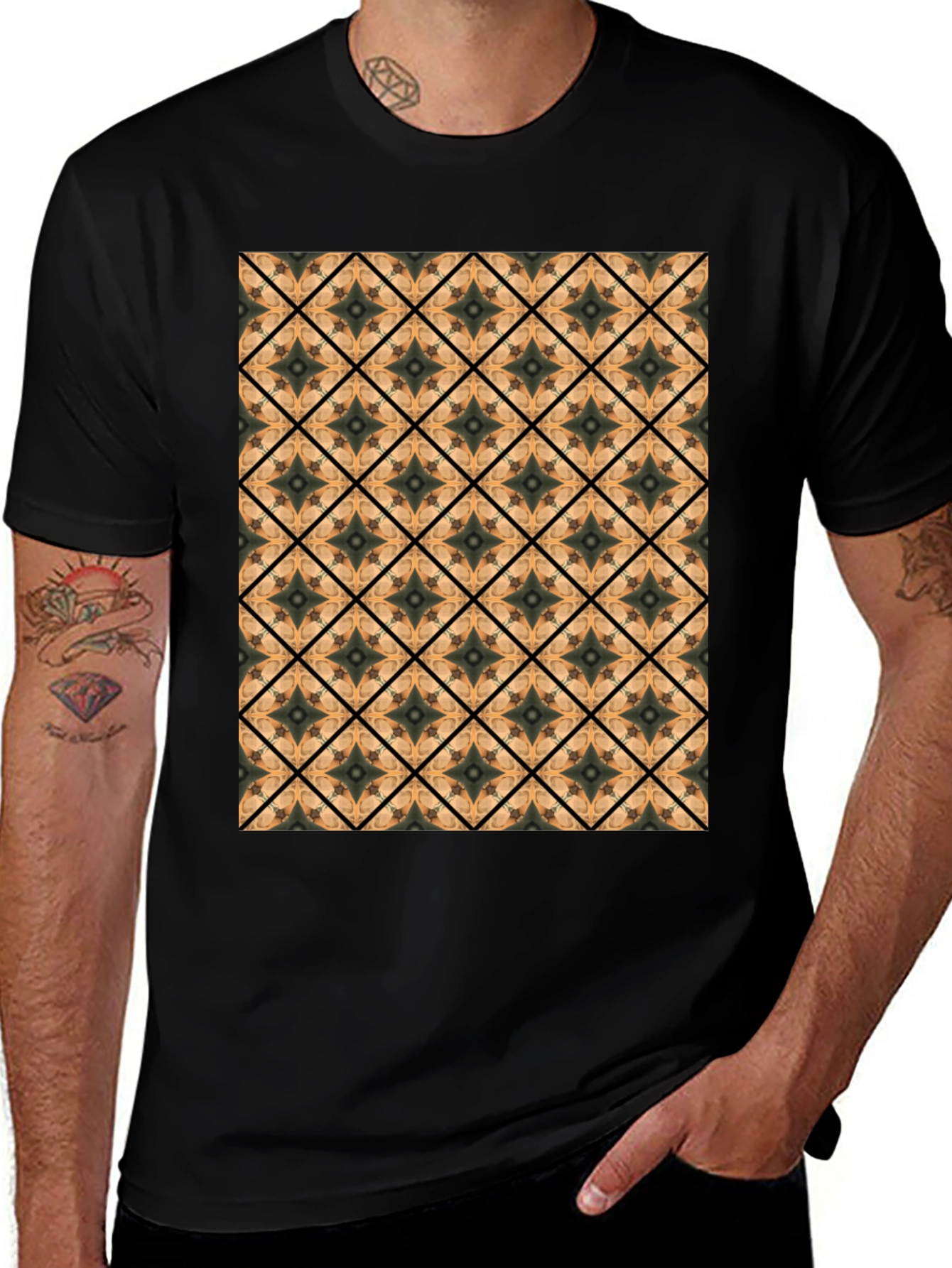 Geometric Tile Pattern Black T-Shirt