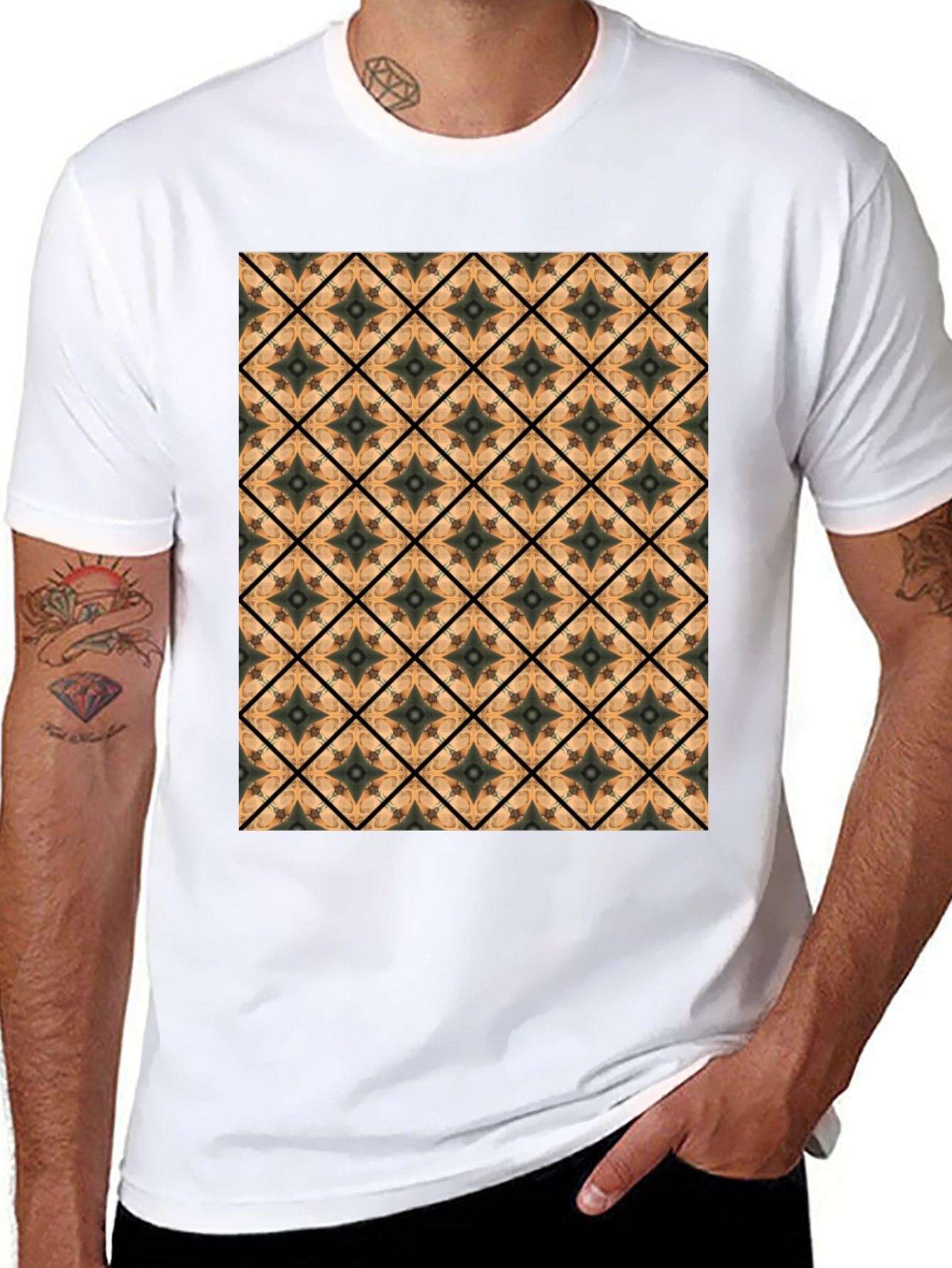 Geometric Tile Pattern Black T-Shirt