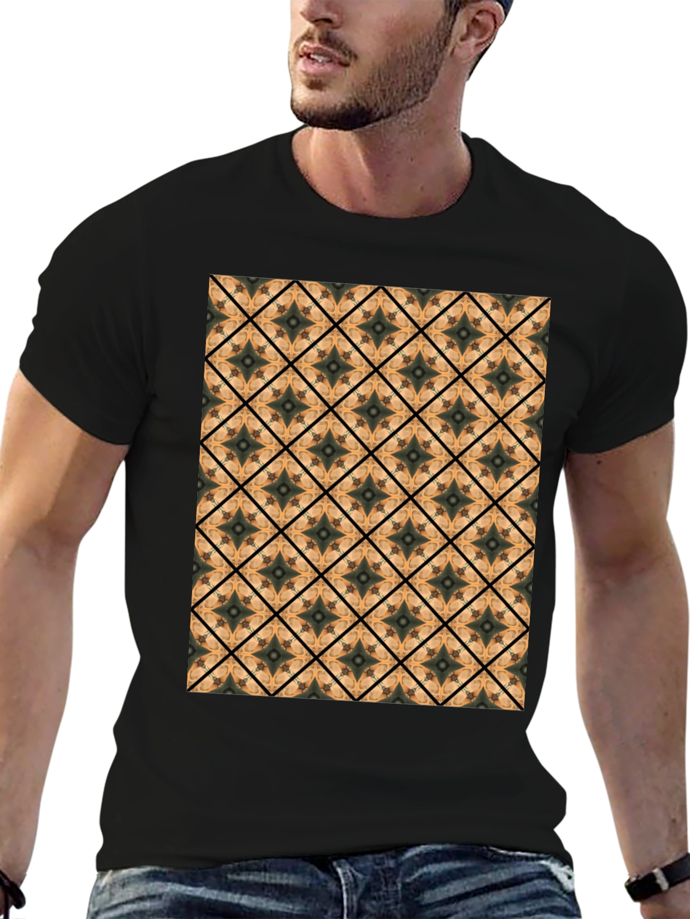 Geometric Tile Pattern Black T-Shirt