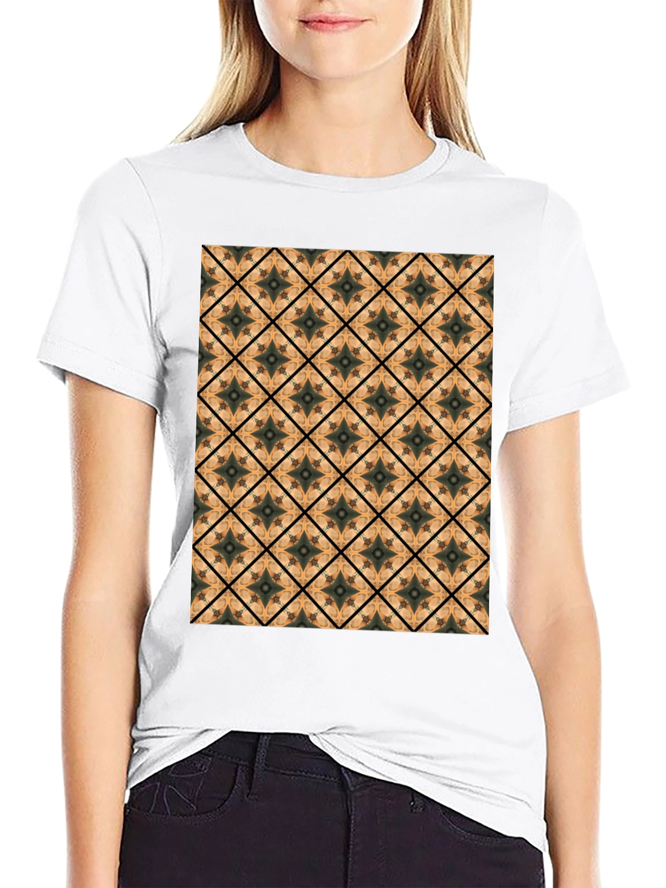 Geometric Tile Pattern Black T-Shirt