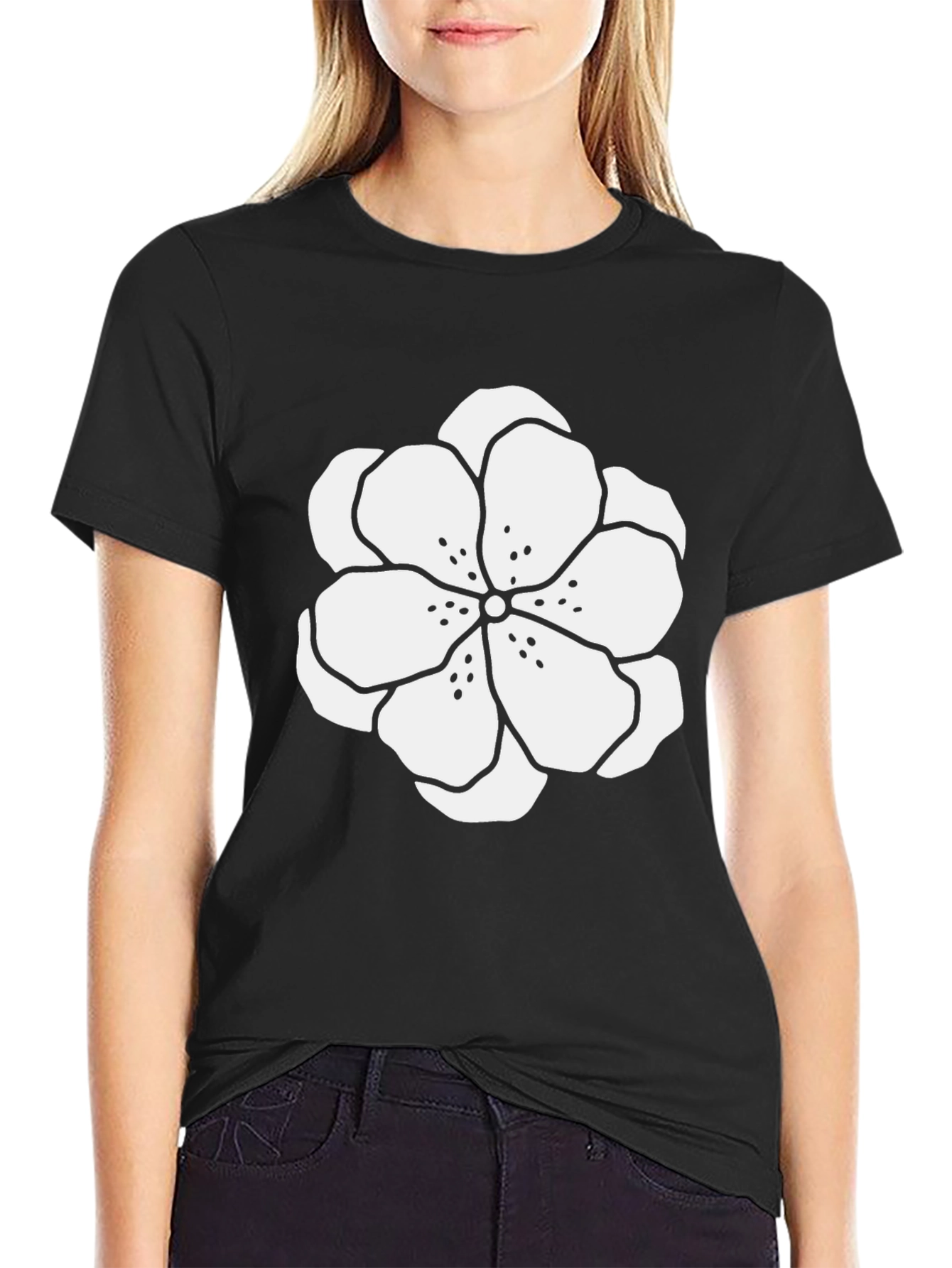 Black T-Shirt with White Floral Design