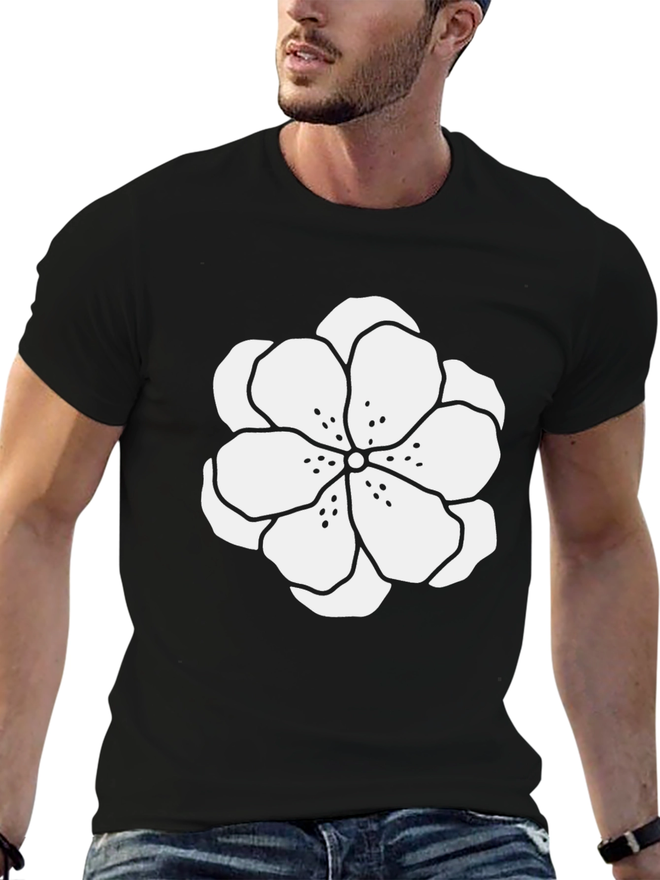 Black T-Shirt with White Floral Design