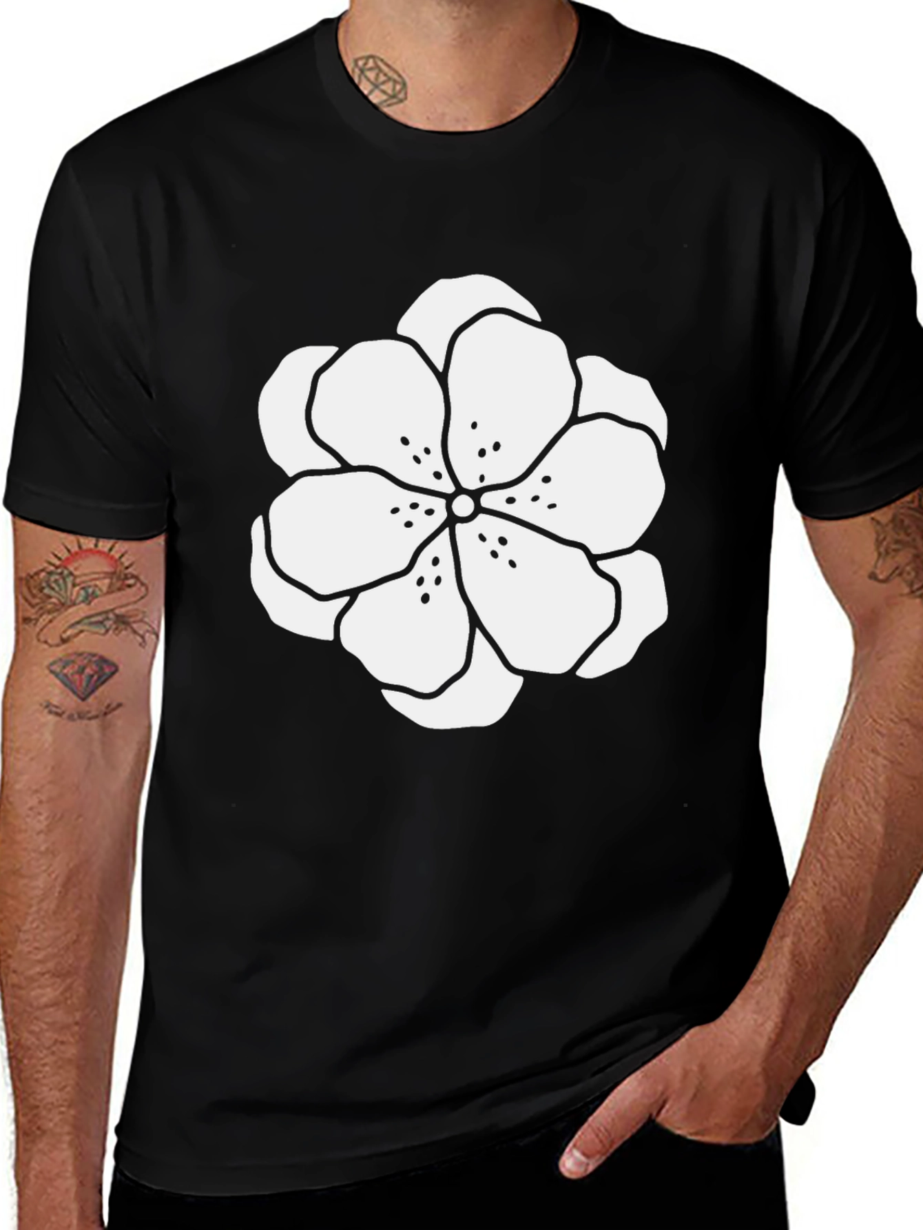 Black T-Shirt with White Floral Design