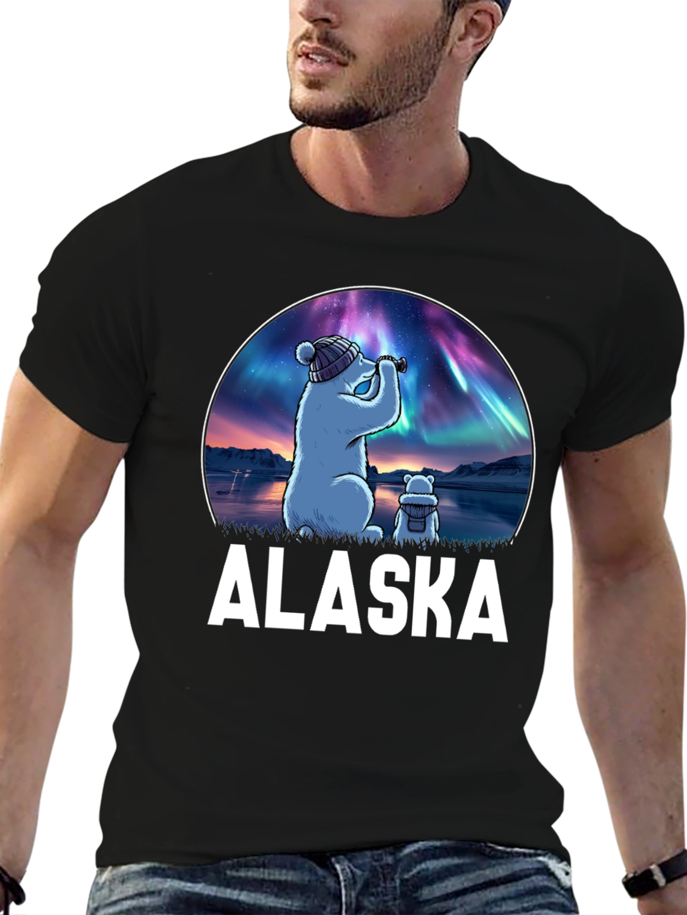 Alaska Bear Northern Lights Graphic T-Shirt