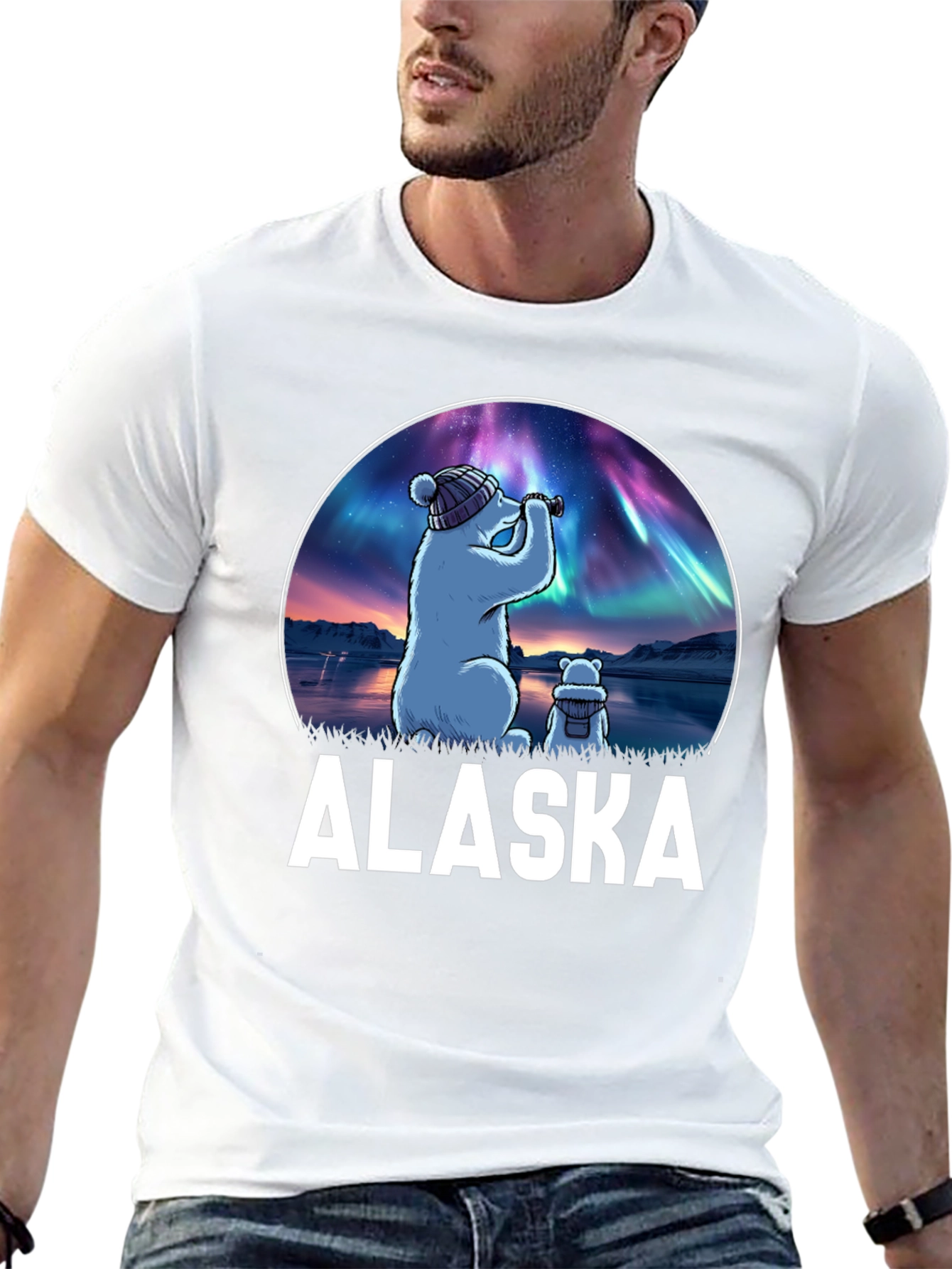 Alaska Bear Northern Lights Graphic T-Shirt