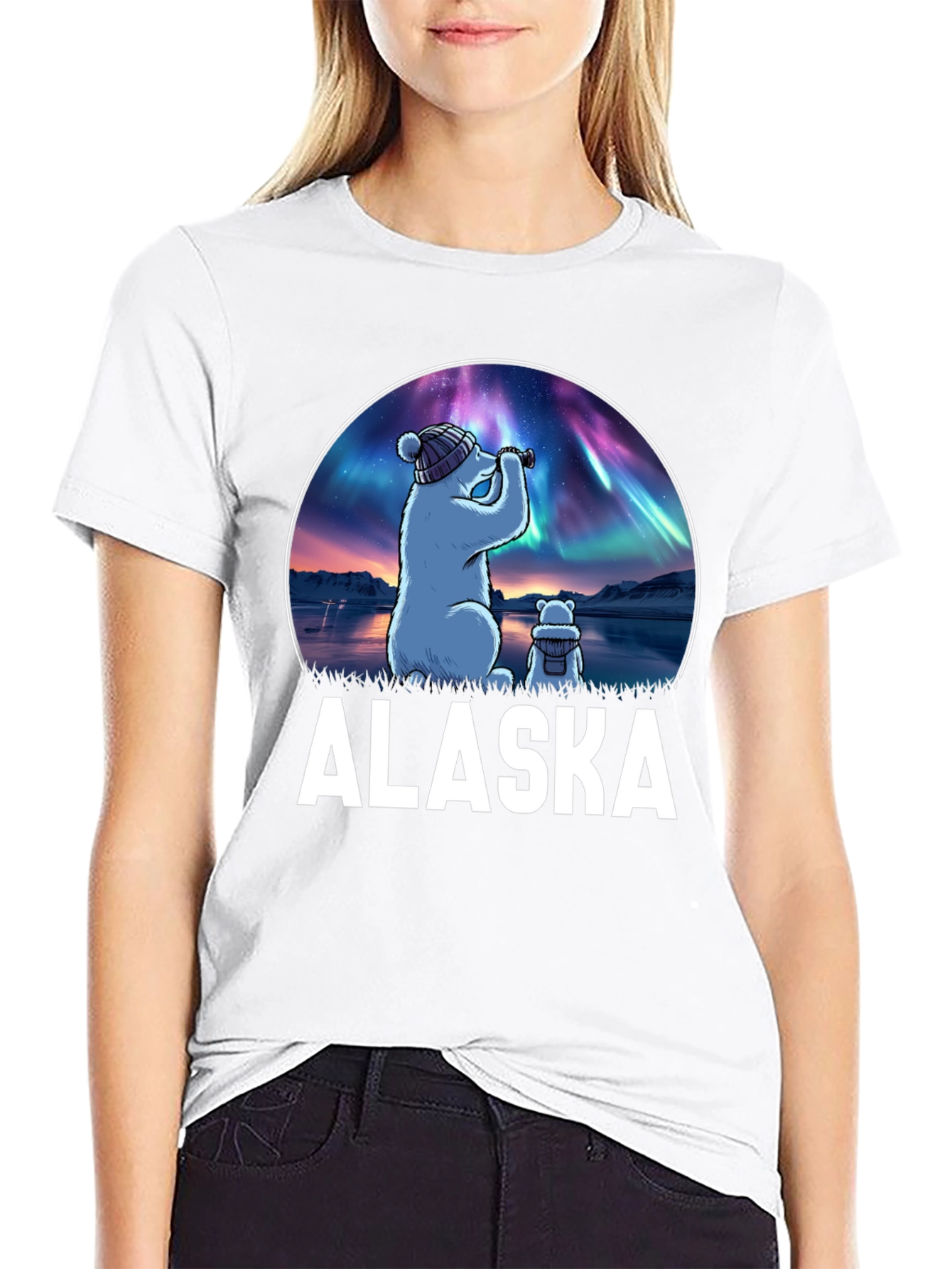 Alaska Bear Northern Lights Graphic T-Shirt