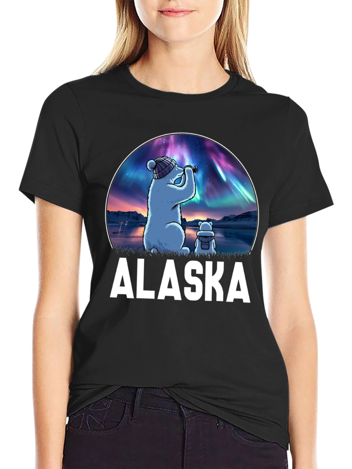 Alaska Bear Northern Lights Graphic T-Shirt