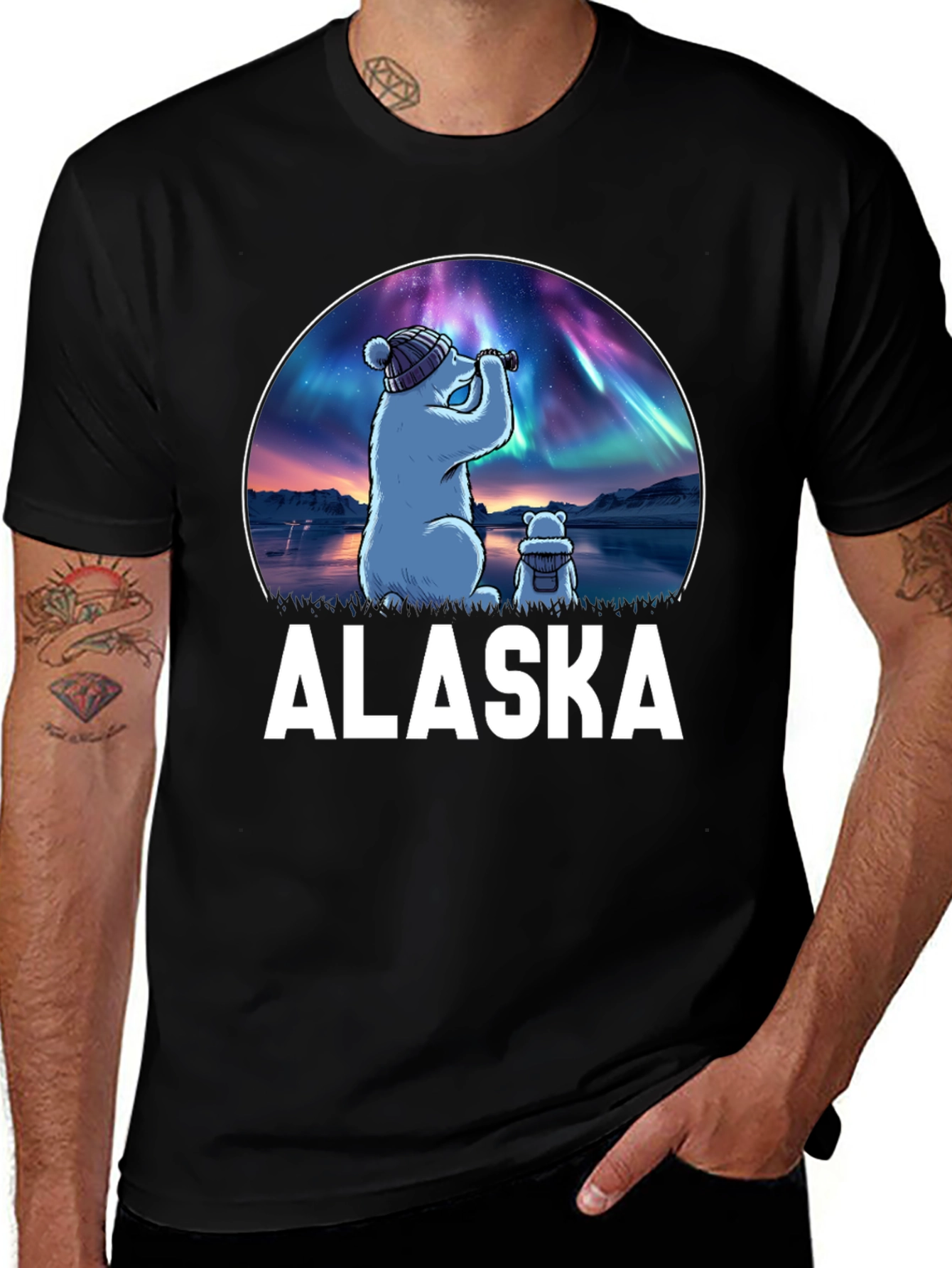 Alaska Bear Northern Lights Graphic T-Shirt
