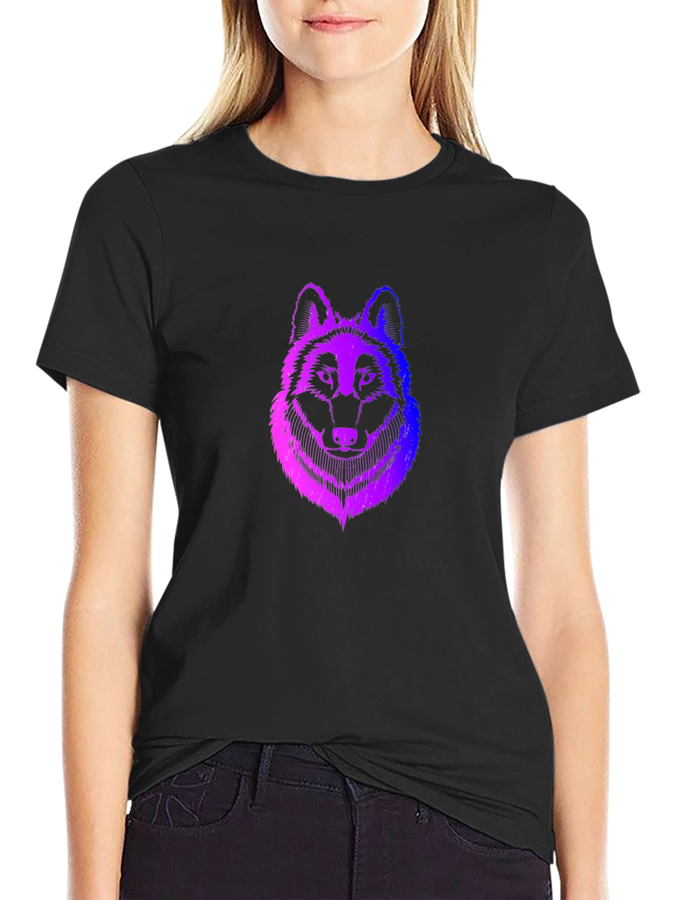 Mens Black T-Shirt with Gradient Wolf Design