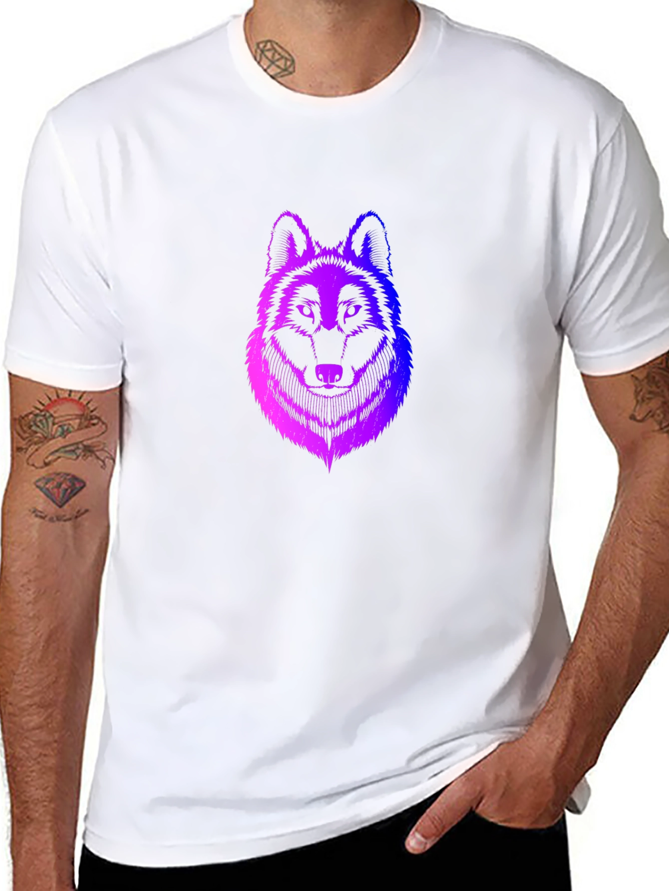Mens Black T-Shirt with Gradient Wolf Design