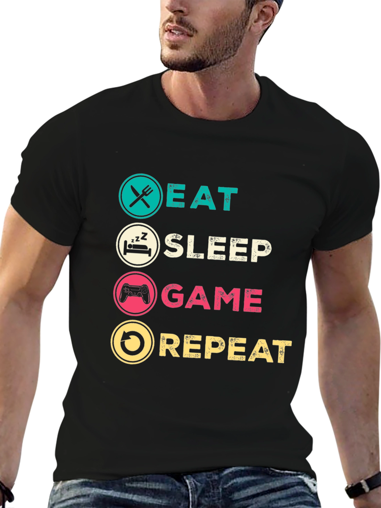 Eat Sleep Game Repeat Black Graphic T-Shirt