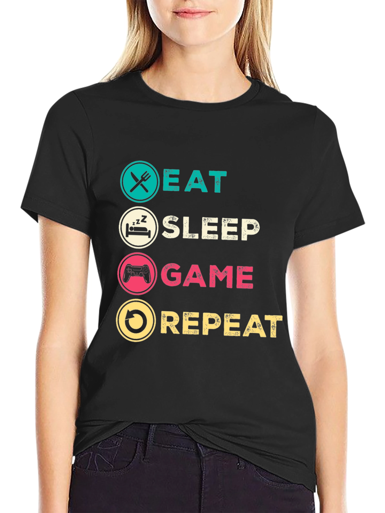 Eat Sleep Game Repeat Black Graphic T-Shirt