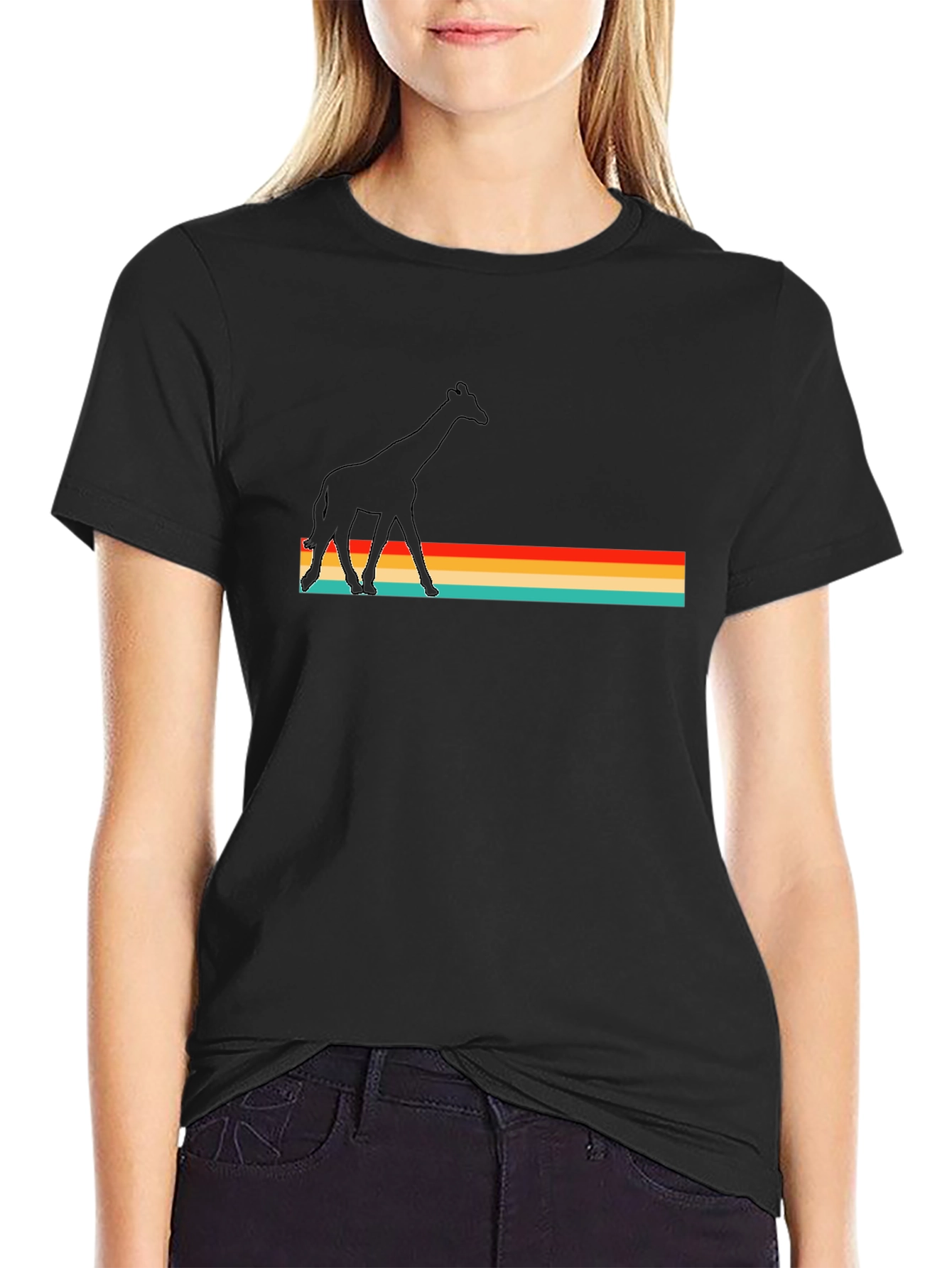 Retro Giraffe Graphic Black Tee Shirt